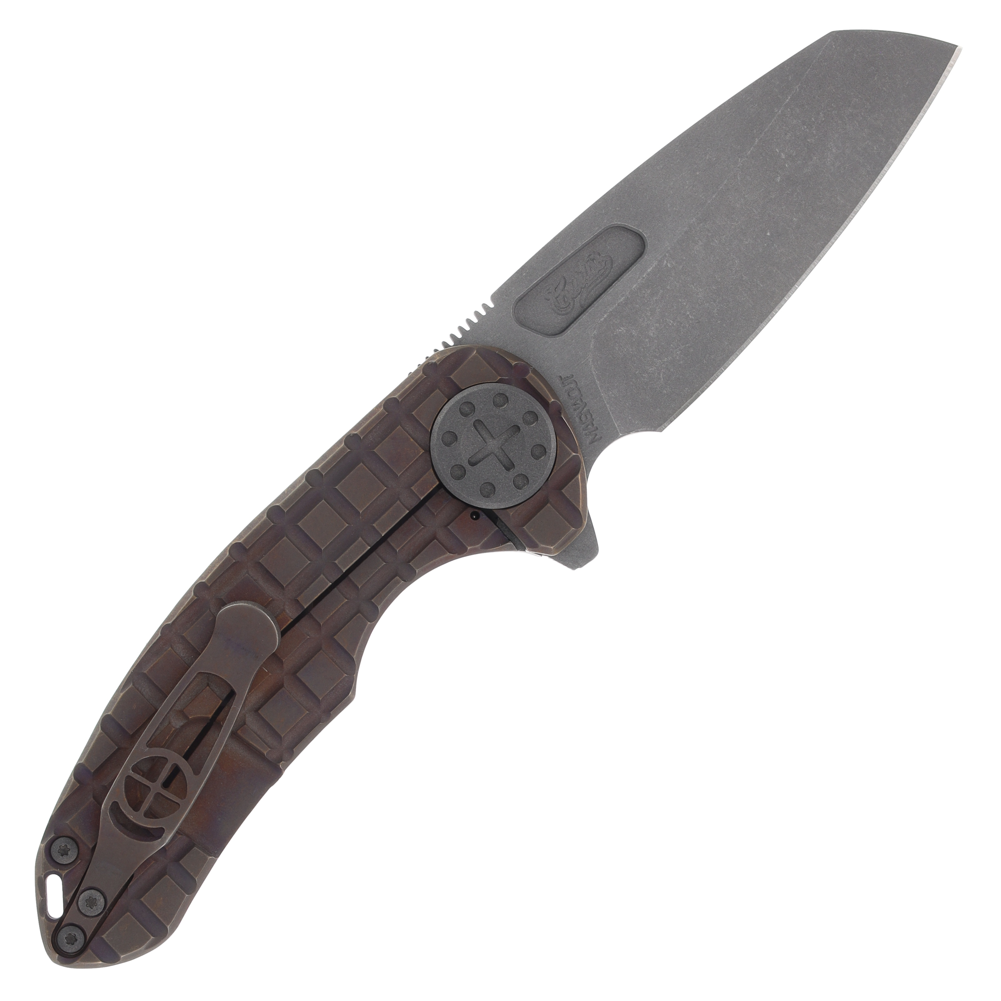 Curtiss Custom Knives F3 Medium Framelock Folding Knife (Magnacut Wharny, Frag-Patterned Bronze) CCKF3MWFBZBLSTBLST View 7