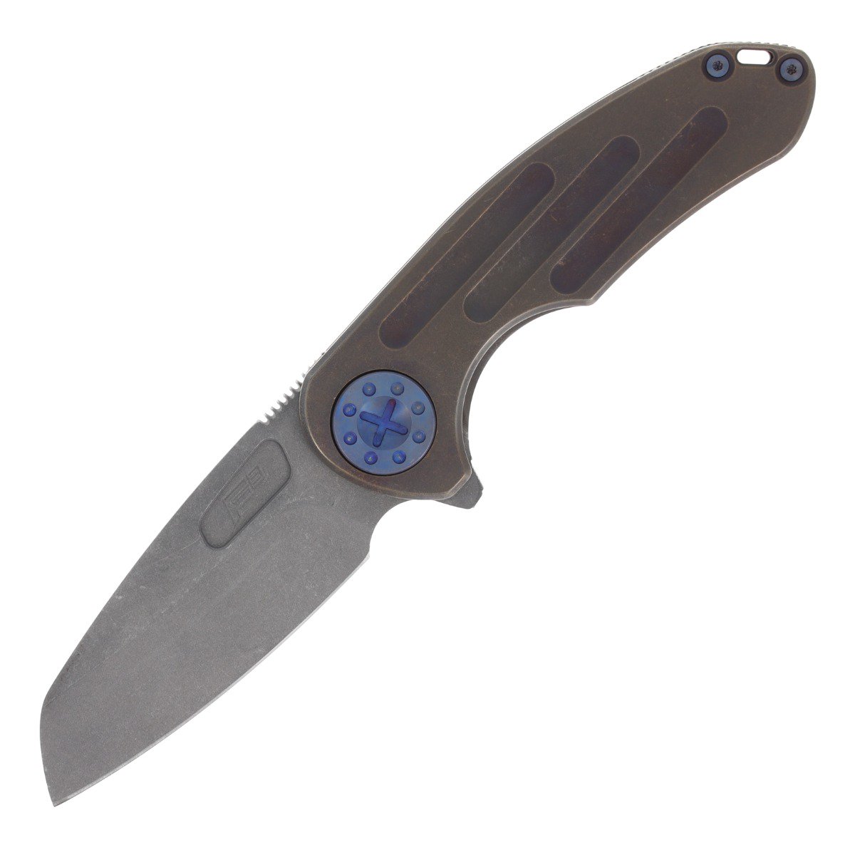 Curtiss Custom Knives F3 Medium Framelock Folding Knife (Magnacut Wharny | Milled Bronze/Blue) CCKF3MWFBZBLSTBLU View 1