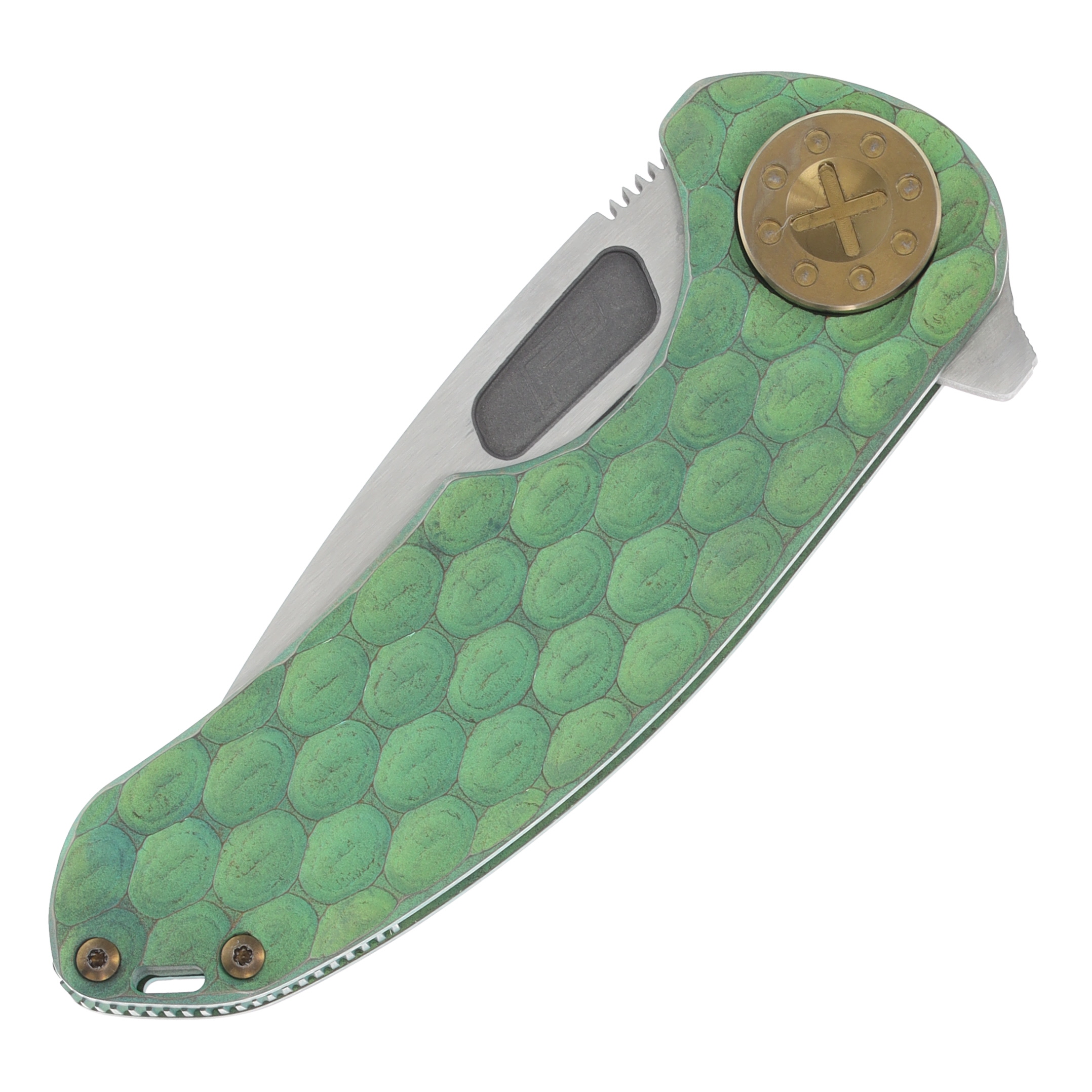 Curtiss Custom Knives F3 Medium Framelock Flipper Folding Knife (Magnacut Slicer, Textured Antique Green) CCKF3MSFANTGNBZ View 10