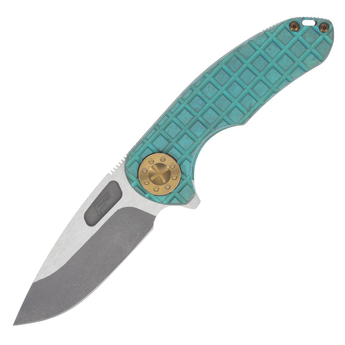 Curtiss Custom Knives F3 Flipper Framelock Folding Knife Medium Slicer, Frag-Patterned Antique Green CCKF3MSFANTGRNBZBLSTBZ View 1