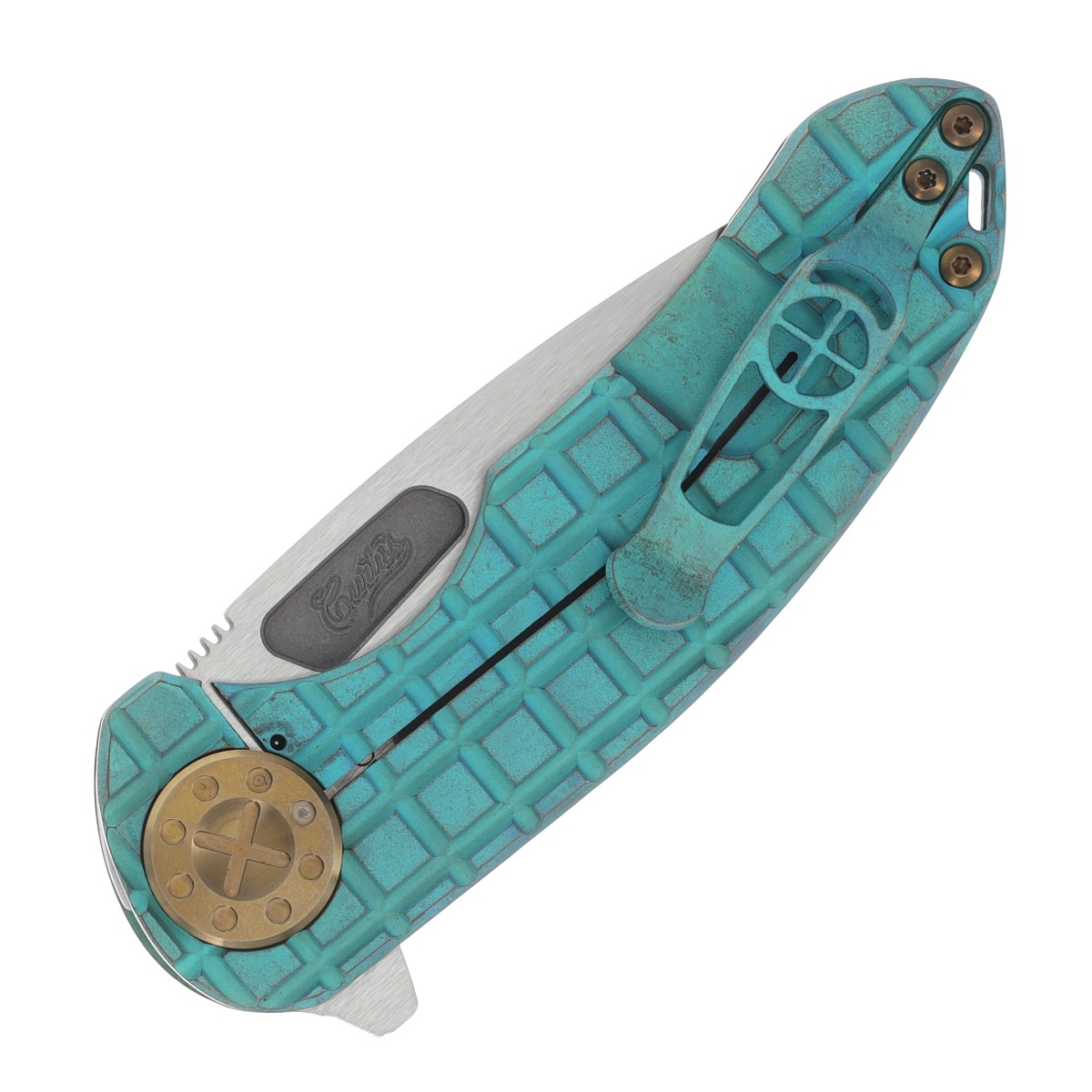 Curtiss Custom Knives F3 Flipper Framelock Folding Knife Medium Slicer, Frag-Patterned Antique Green CCKF3MSFANTGRNBZBLSTBZ View 2