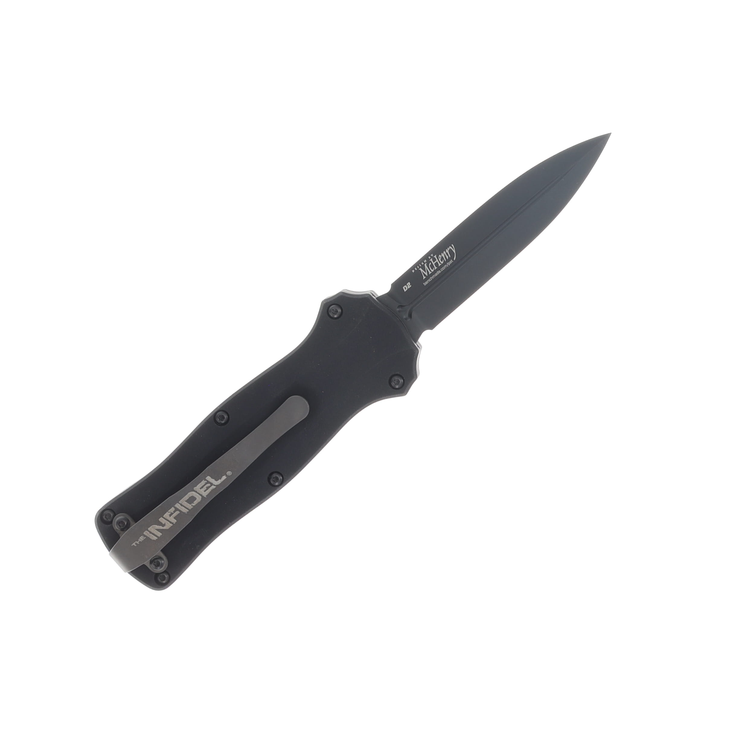Benchmade Mini Infidel OTF Automatic Knife Blk Aluminum Handle Blk D/E D2 Spear Point Blade AUBM3350BK View 3