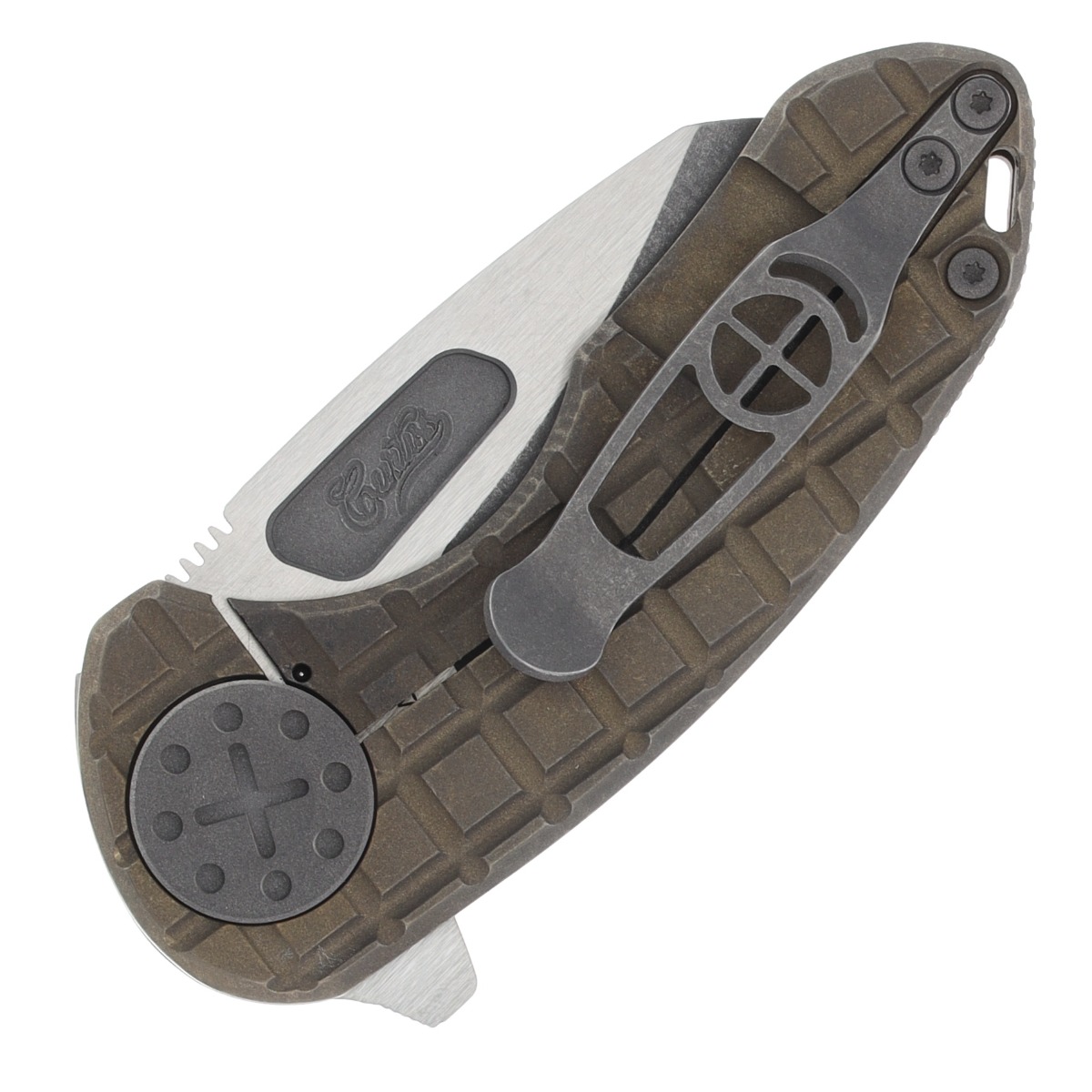 Curtiss Custom Knives F3 Compact Framelock Flipper Folding Knife (Magnacut Wharny, Frag-Patterned Bronze Titanium) CCKF3CWFBLUSILZB View 2
