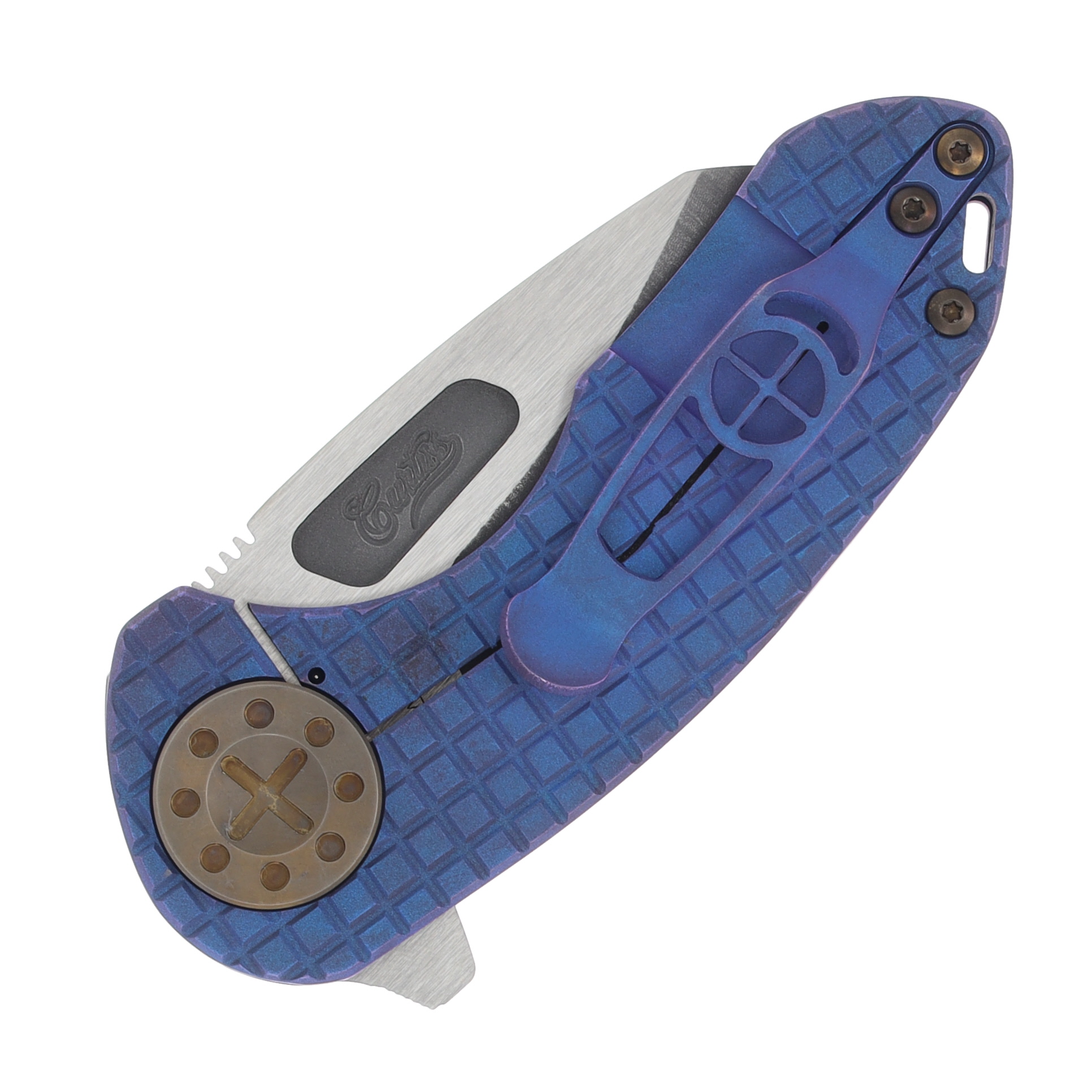 Curtiss Custom Knives F3 Compact Framelock Flipper Folding Knife (Magnacut Wharny, Frag-Patterned Purple/Bronze) CCKF3CWFPURBZ View 4