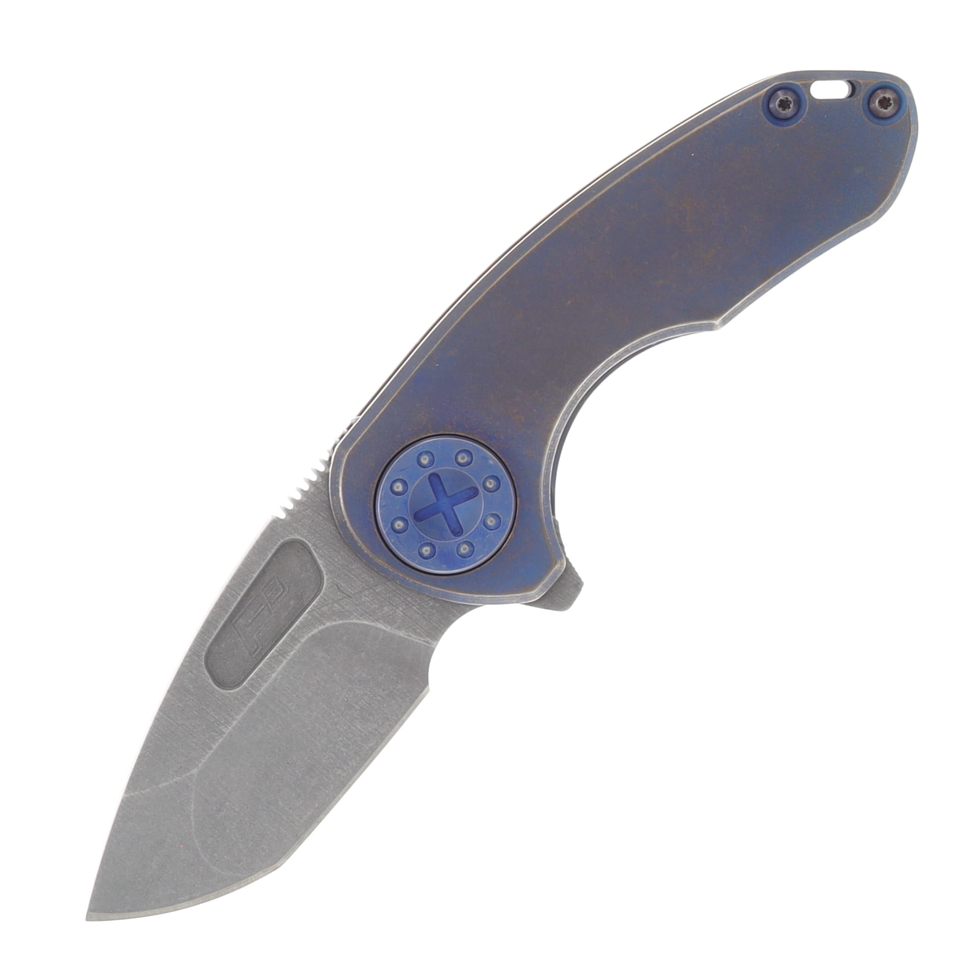 Curtiss Custom Knives F3 Compact Framelock Flipper Folding Knife (Magnacut Spanto | Blasted Blue Titanium) CCKF3CSPFBLUBZBL View 1