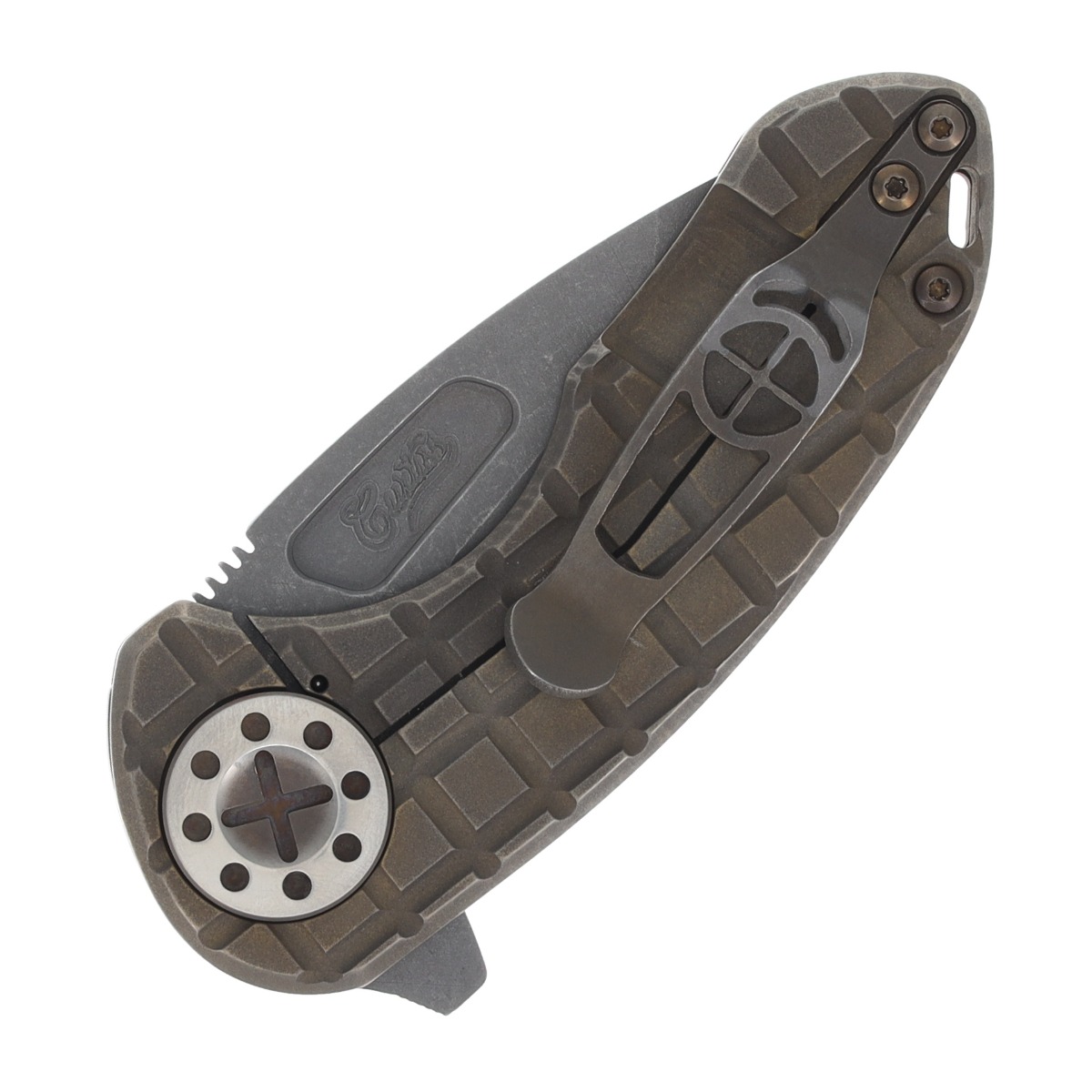 Curtiss Custom F3 Compact Framelock Flipper Folding Knife Magnacut Spanto/Frag-Patterned Bronze CCKF3CSPFBZBLSTBZ View 2