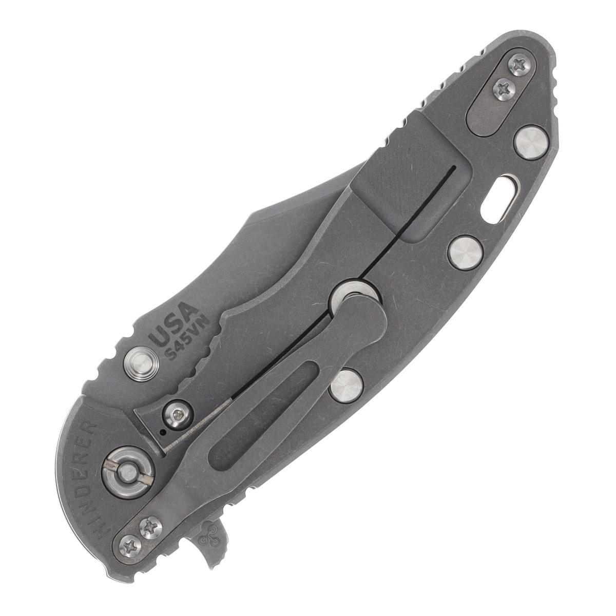 Hinderer XM-18 3.5 Framelock Flipper Folding Knife Working Finish Bowie/Translucent Green G-10 Gray Titanium KXM35BOWWFTGG10 View 2