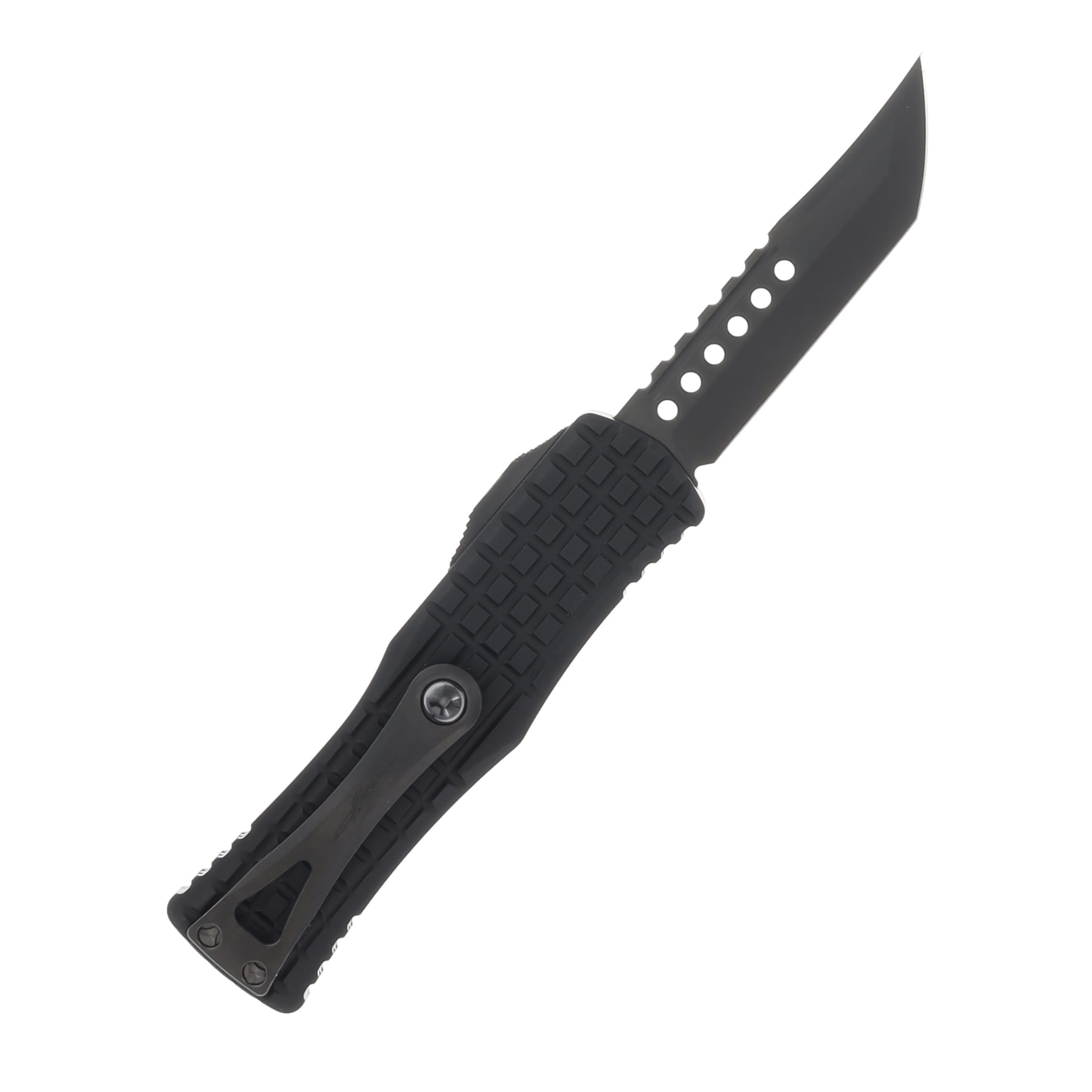 Microtech Hera Signature Series OTF Automatic Knife DLC Hellhound Tanto/Frag Patterned Shadow Black AUMT9191DLCTFRSH View 2