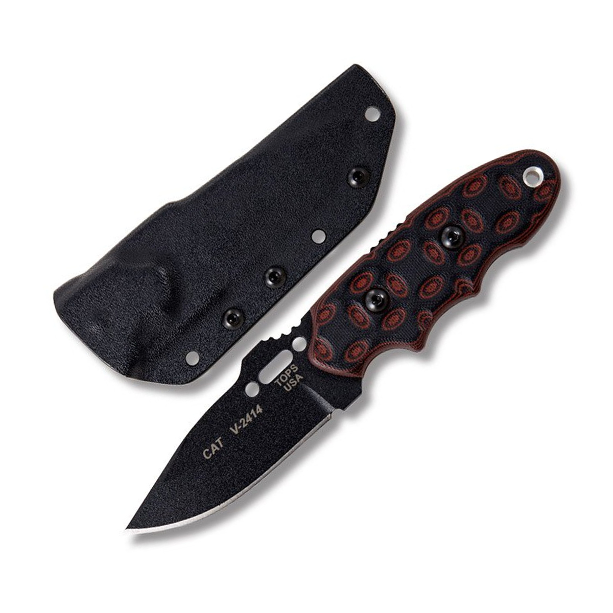 TOPS C.A.T. Fixed Blade Red Black Bullseye Plain Black Drop Point TP200H02 View 1