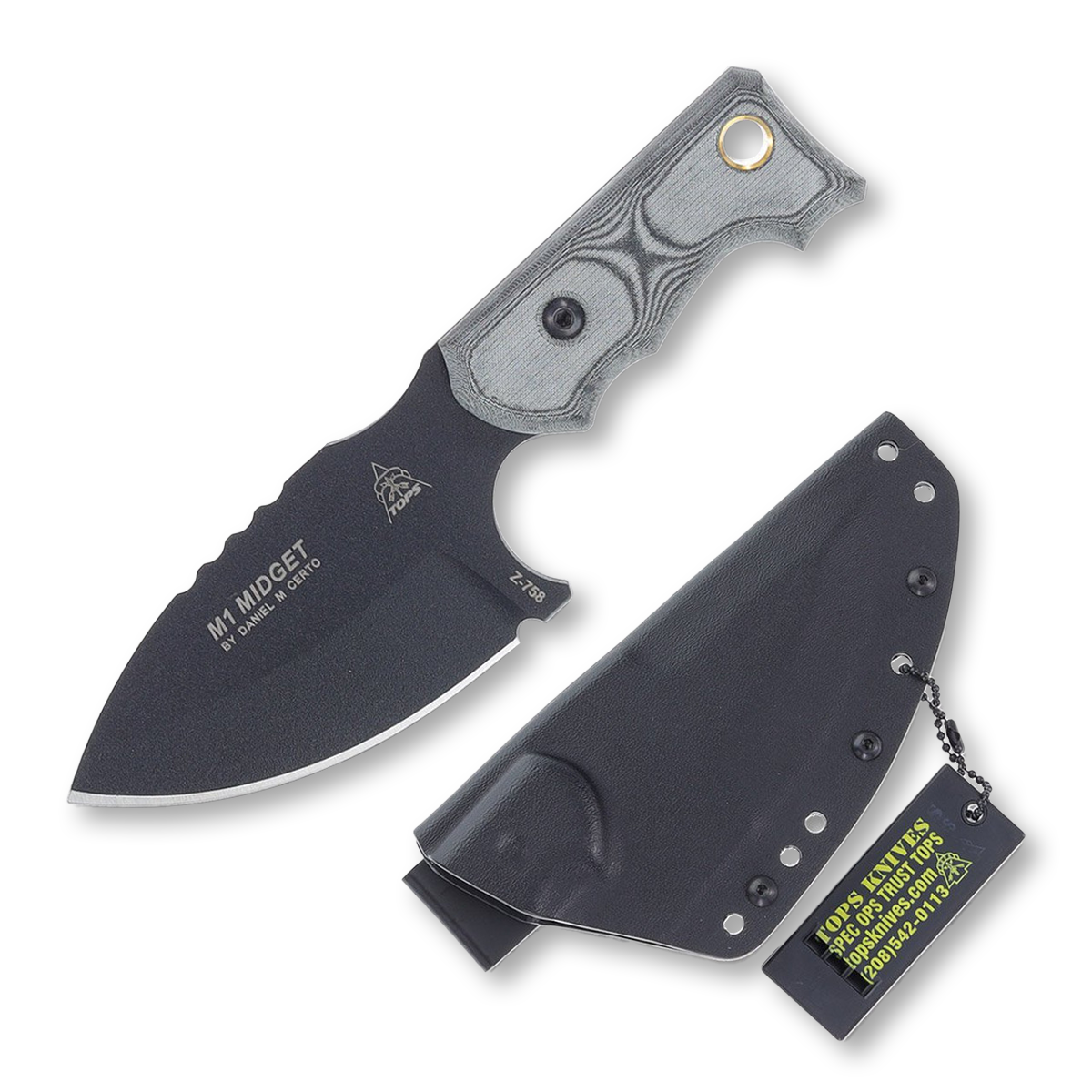 TOPS Knives M1 Midget 3.75in Black Plain Spear Point Fixed Blade TPM1MGT01 View 1
