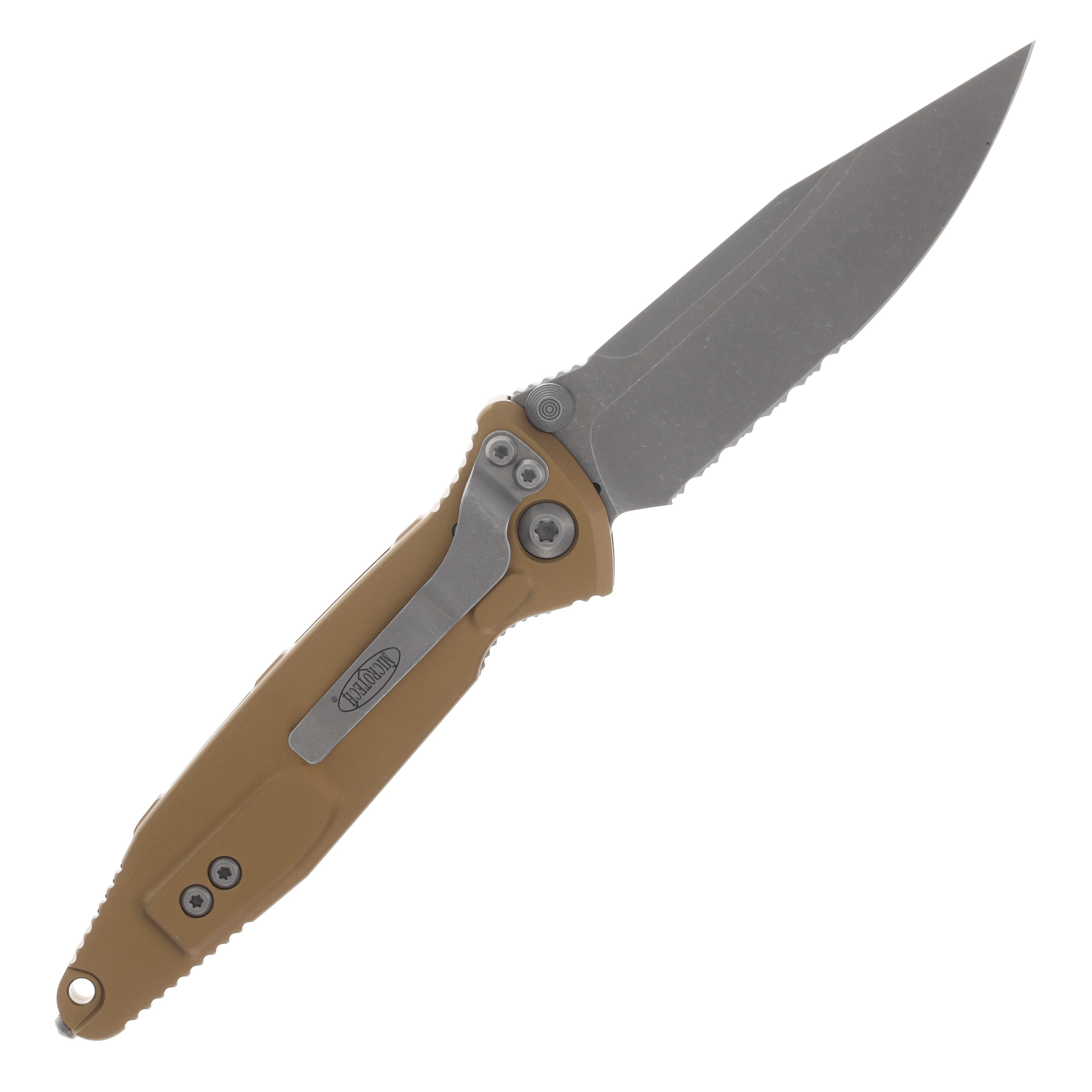 Microtech SOCOM Elite Linerlock Folding Knife Partially Serrated Apocalyptic Drop Point/Tan AUMT16011APT View 2