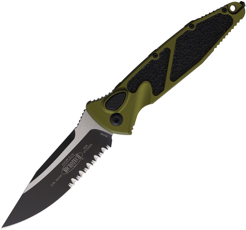 Microtech SOCOM Elite OTS Auto S/E Part Serrate OD Green W/Black Traction Insert AUMT160A2OD View 1
