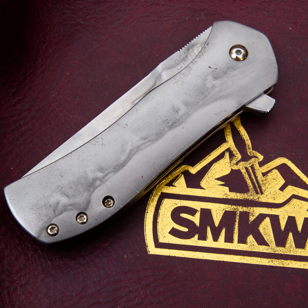 Doc Shiffer Custom Knives Recon Folding Knife Stonewashed Titanium with Harmon Line Carbon Blade CUSTCC316 View 5