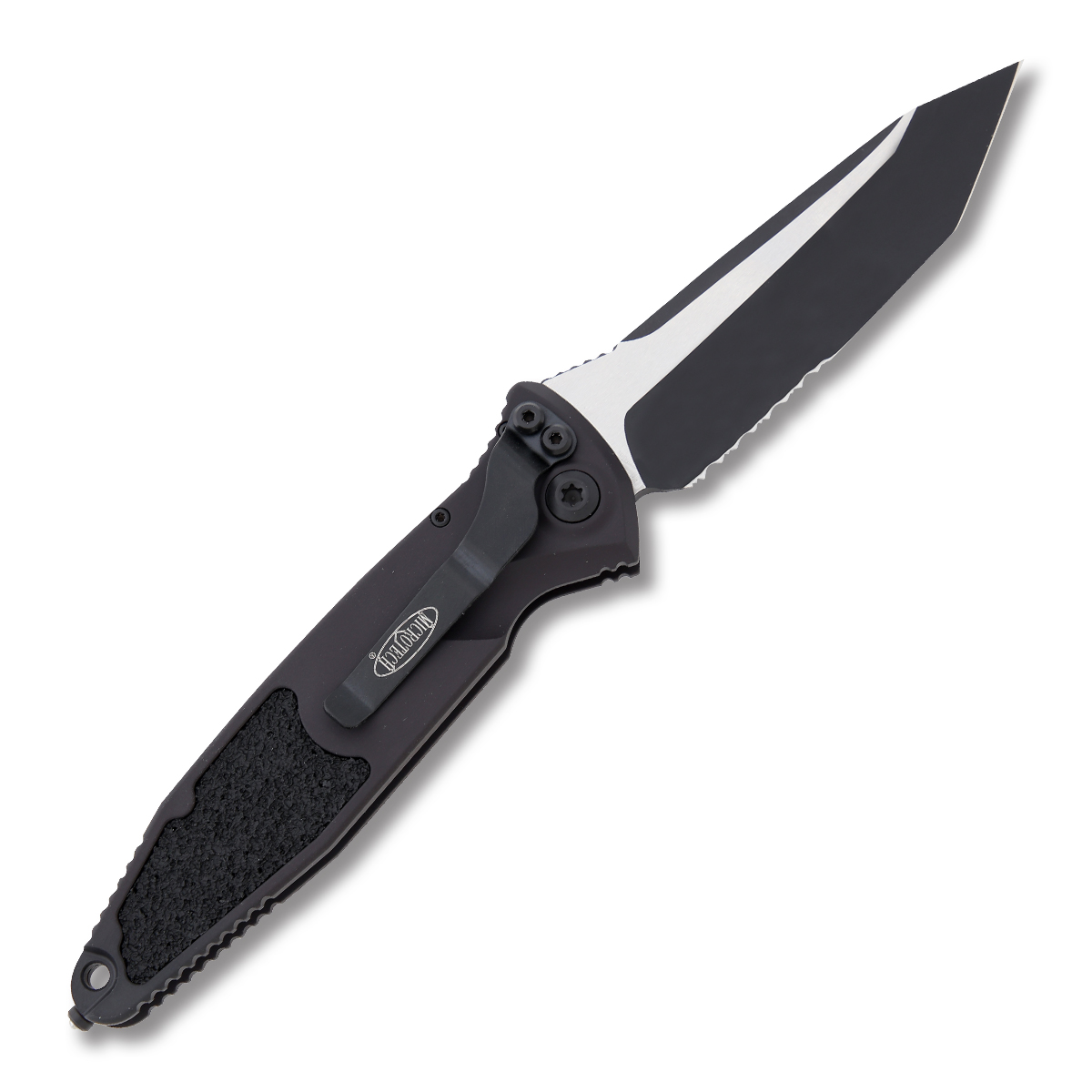 Microtech Socom Elite Automatic Knife Black Aluminum (4" Two-Tone Partially Serrated) Textured Inlays AUMT161A2T View 2