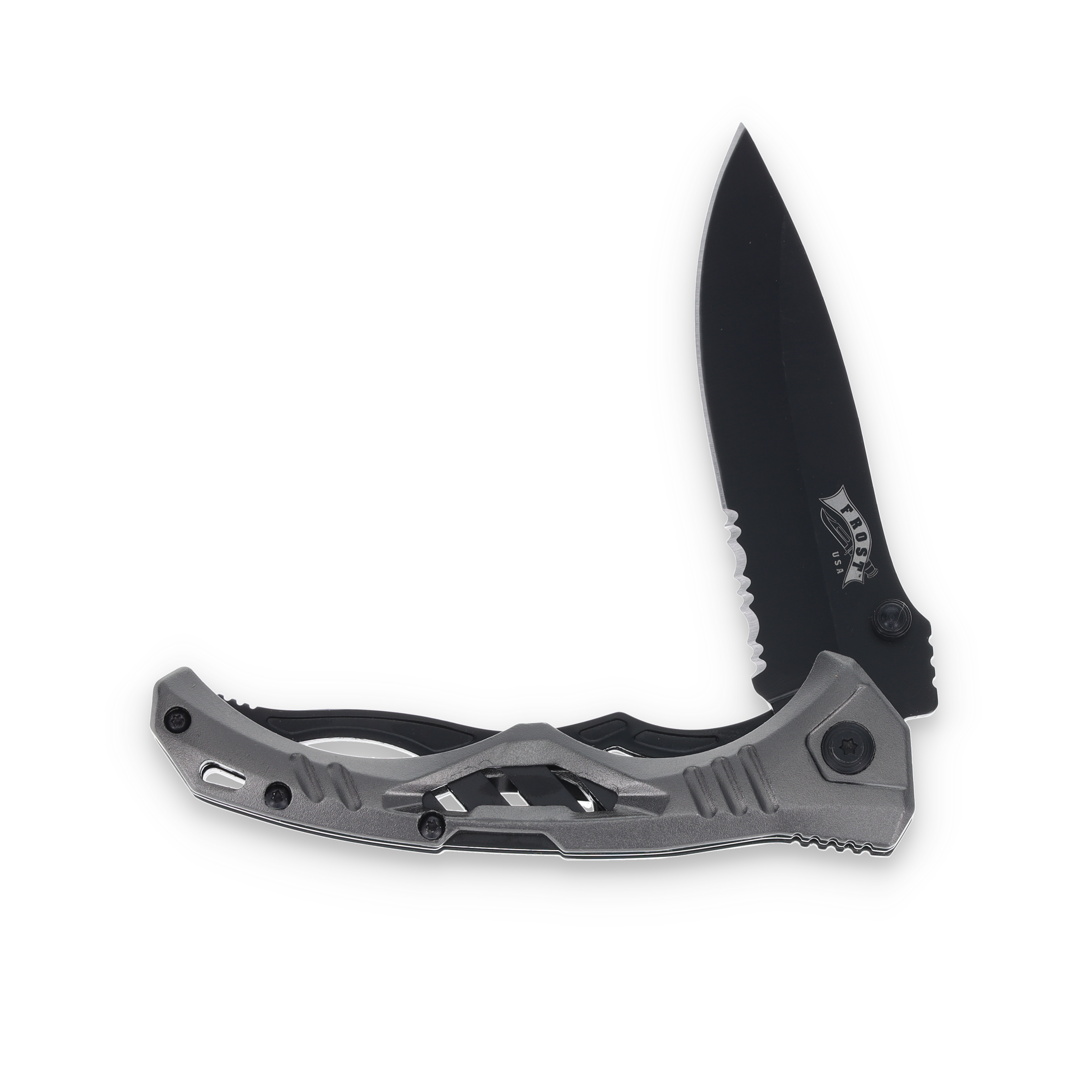Frost Assisted Open Linerlock Folding Knife Grey Aluminum Handle PS Black SS Blade FRFC119GY View 5