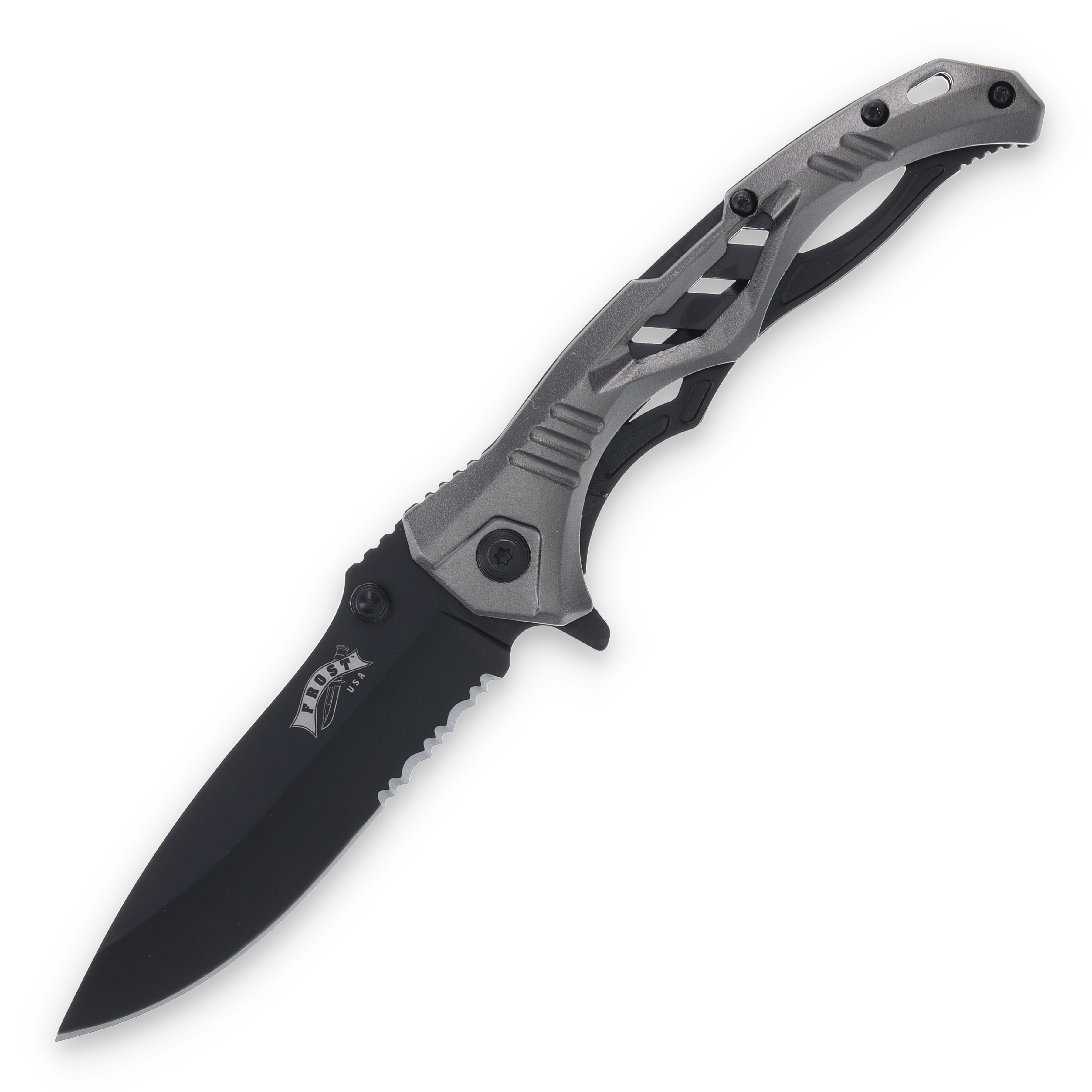 Frost Assisted Open Linerlock Folding Knife Grey Aluminum Handle PS Black SS Blade FRFC119GY View 1