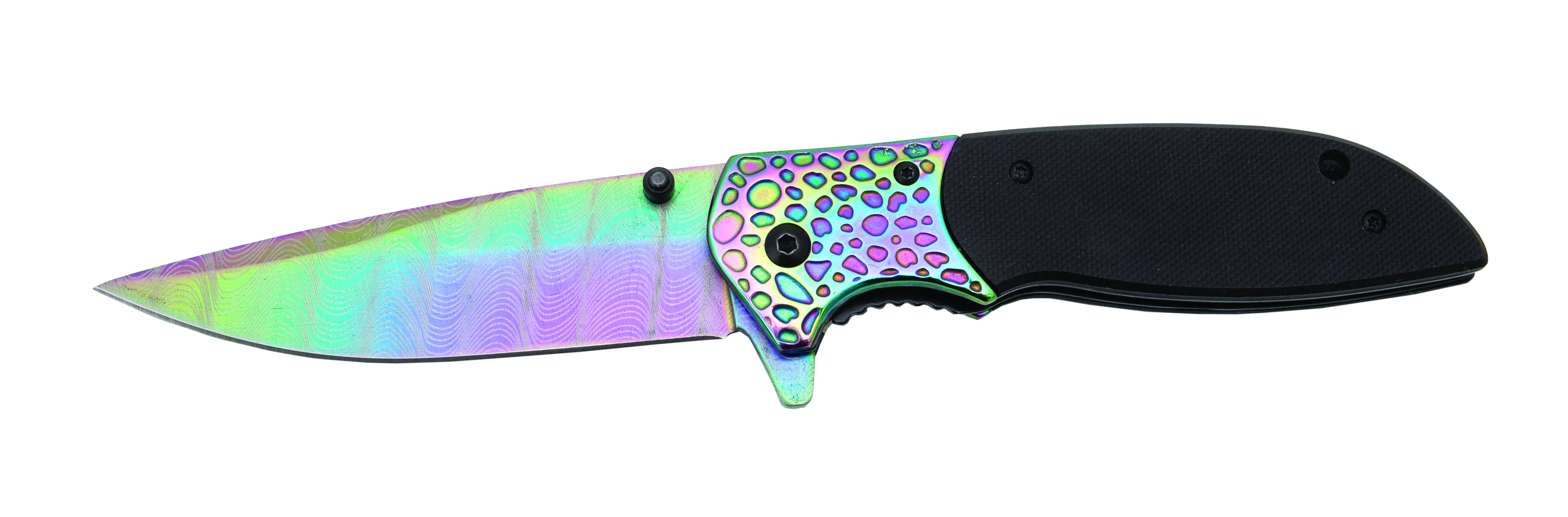 Frost Shadow Tactical Spring Assist Linerlock Folding Knife Black G-10 Handle Rainbow Blade FRFC20G10 View 1