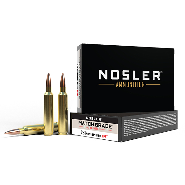 Nosler Match Grade 28 Nosler Rifle Ammunition 20 Rounds Brass Centerfire 168 Grain Custom Competition Hollow Point BT View 1