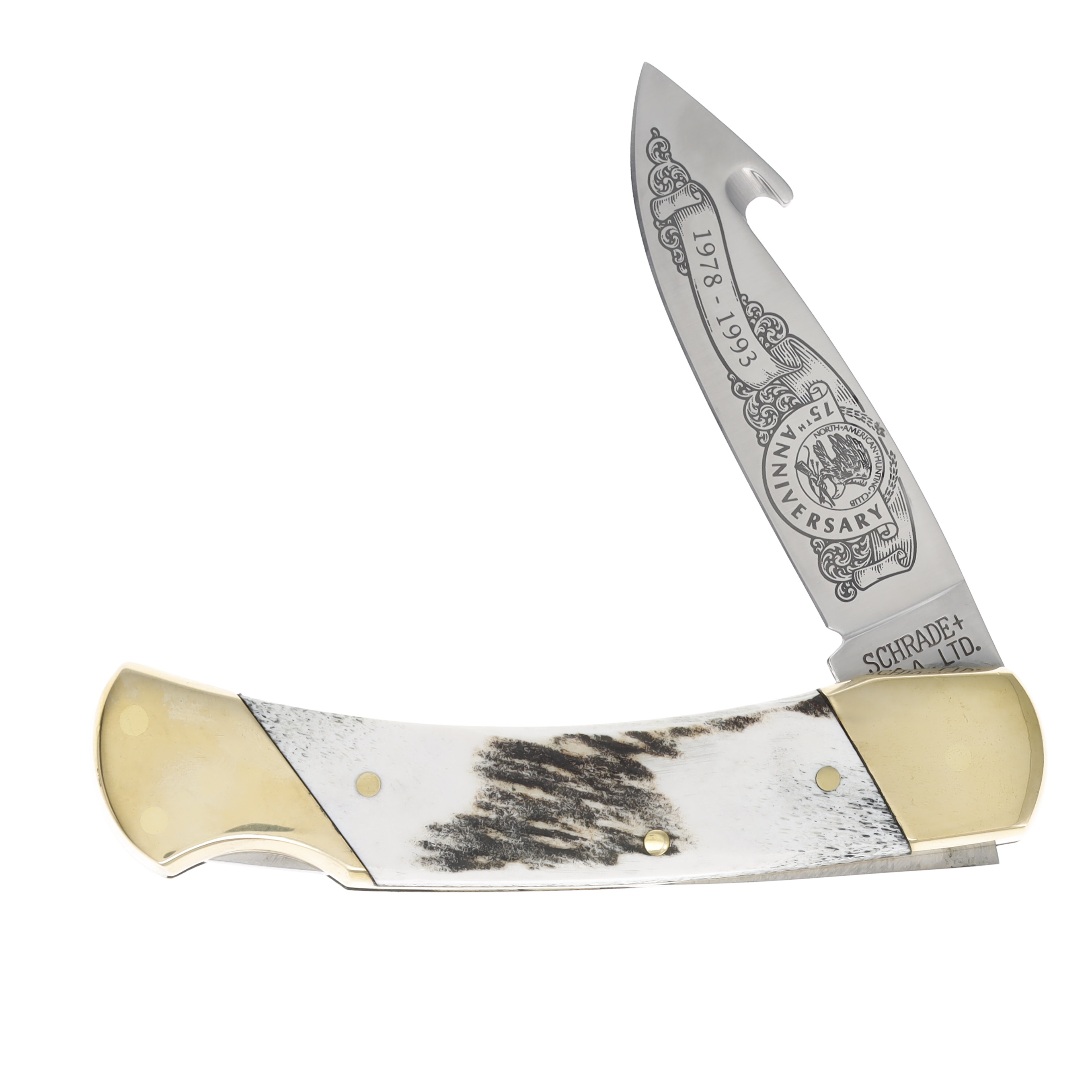 Schrade USA 75th Anniversary Stag Guthook Lockback Folding Knife SCH3G View 3