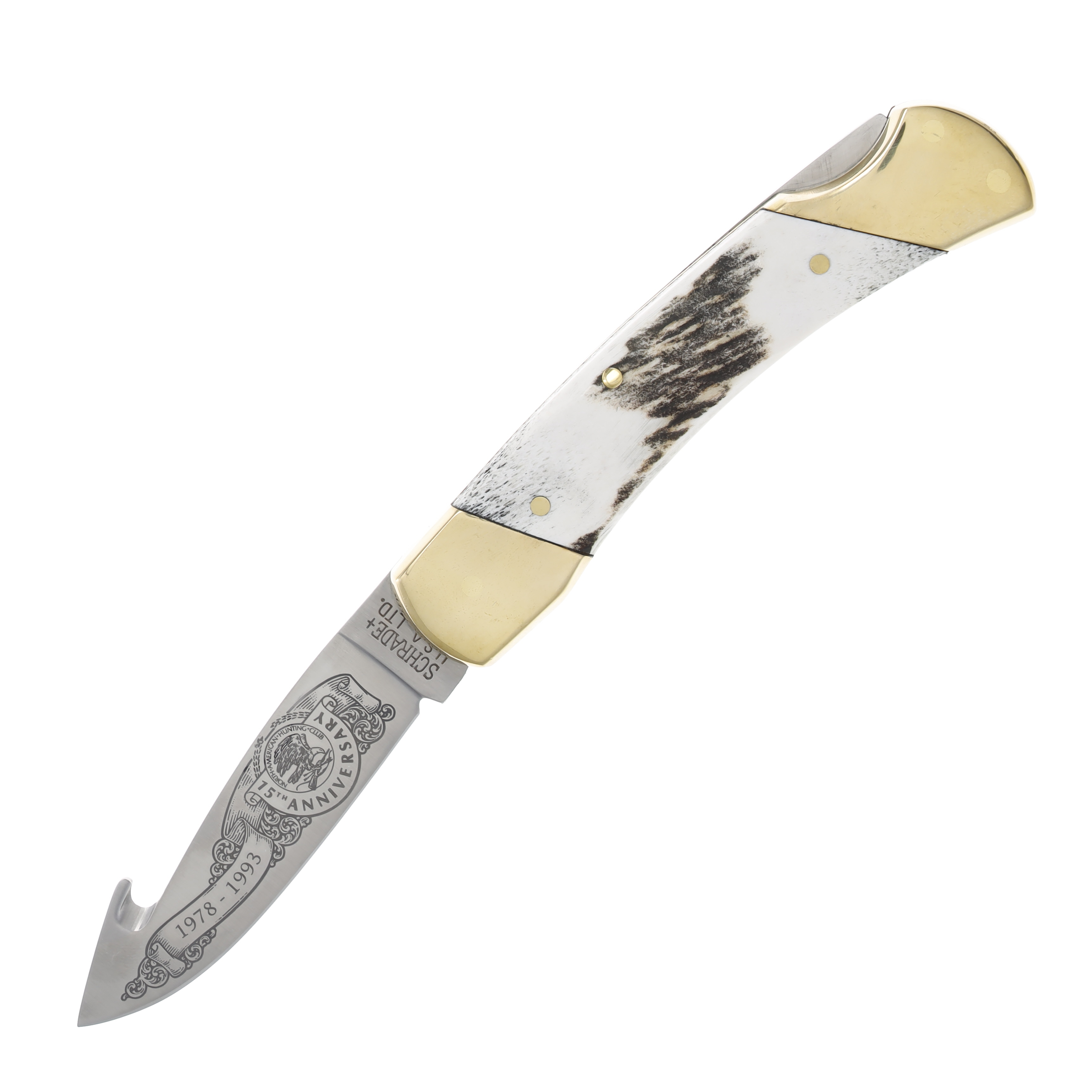 Schrade USA 75th Anniversary Stag Guthook Lockback Folding Knife SCH3G View 1