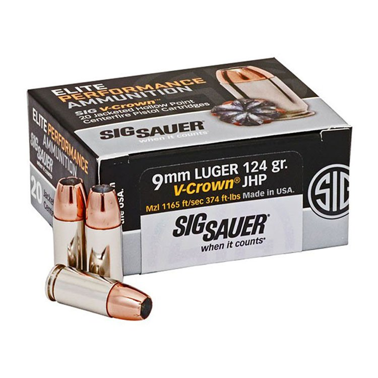 Sig Sauer Elite Performance 9mm Luger 124gr V-Crown JHP Nickel Brass Ammo 20Rd E9MMA2 View 1