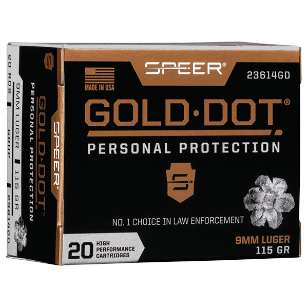 CCI Speer Gold Dot Personal Protection 9mm Handgun Ammunition Nickel Plated Brass Centerfire 20 Rounds 115 Grain Gold Dot HP 23614 View 1