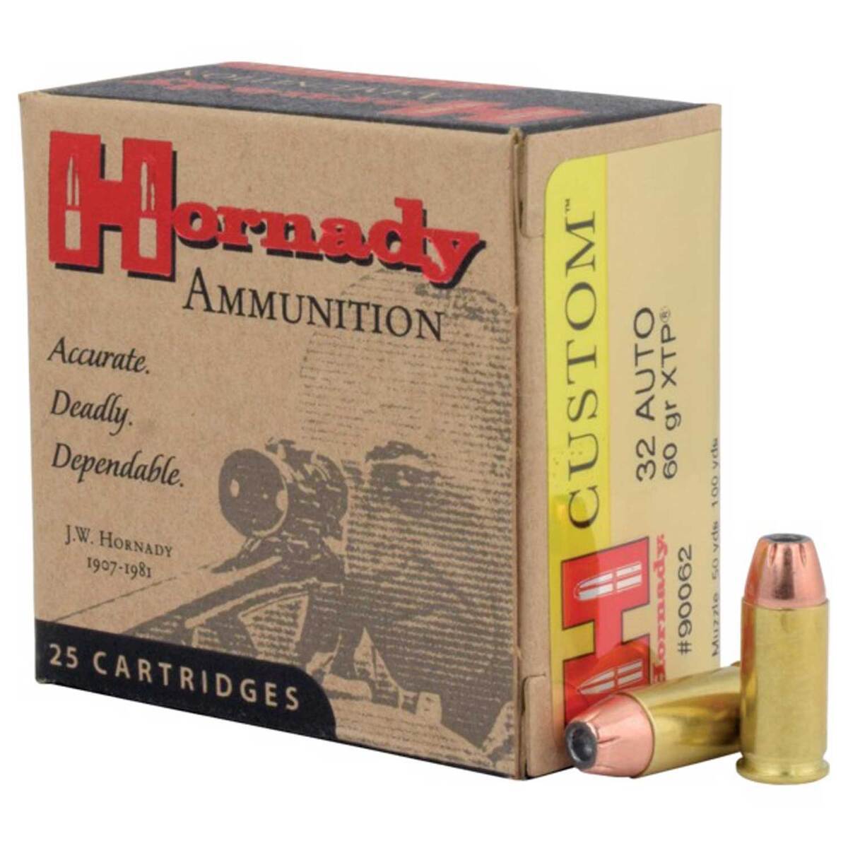 Hornady Custom 32 ACP Ammunition 60 Grain Brass Centerfire 25 Rounds XTP JHP 90062 View 1