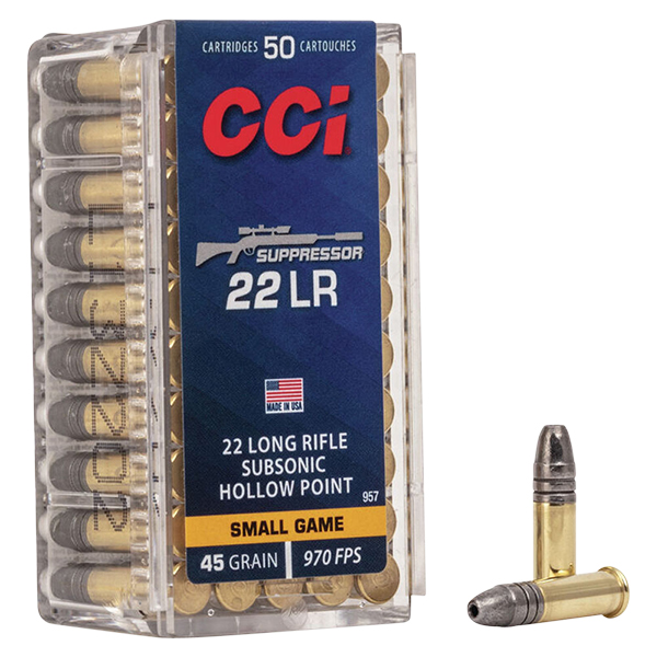 CCI Suppressor 22 LR Rifle Ammunition 45 Grain Brass 50 Rounds Sub-Sonic Lead HP 0957 View 1