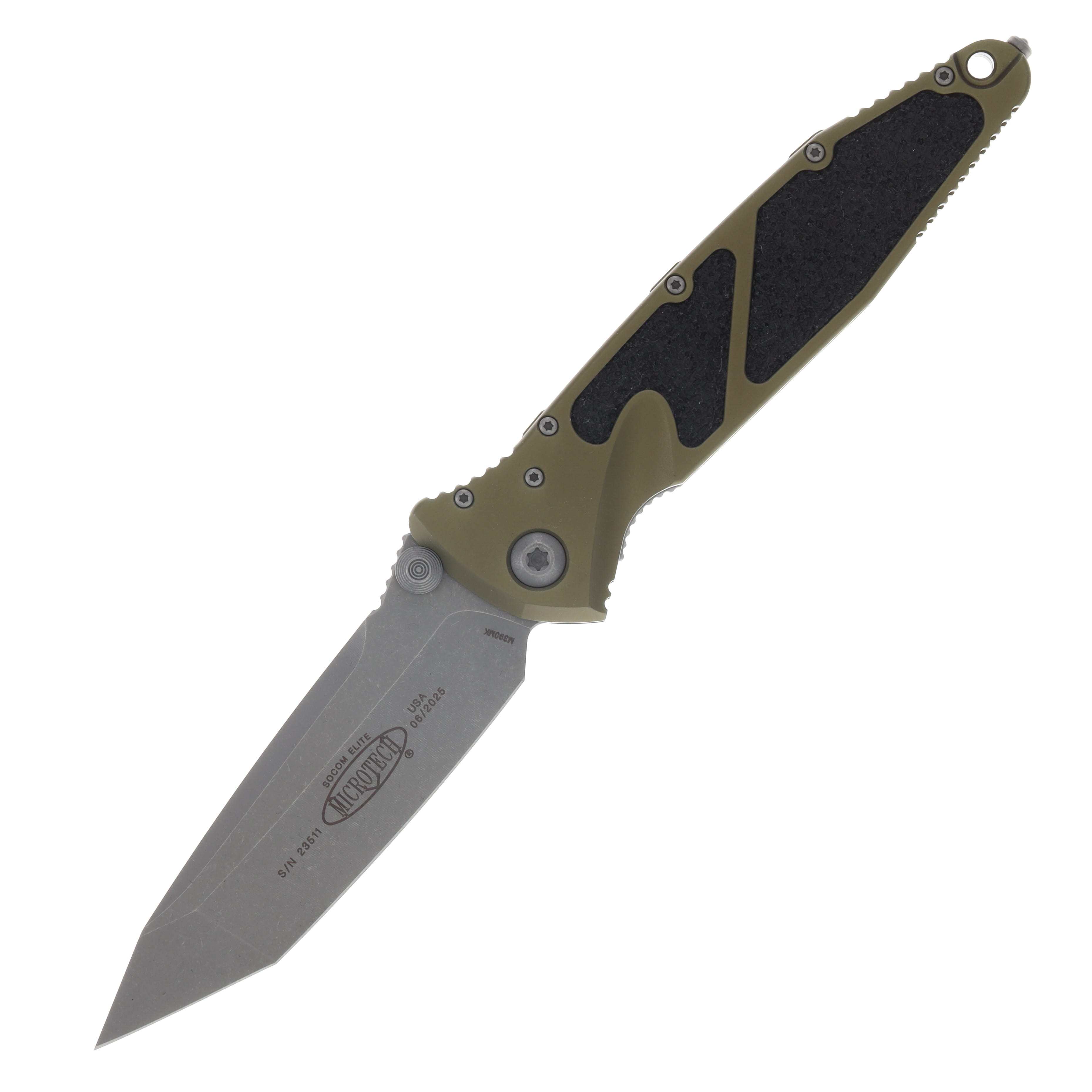 Microtech SOCOM Elite Linerlock Folding Knife Knife Apocalyptic Tanto/OD Green Aluminum AUMT16110APO View 1