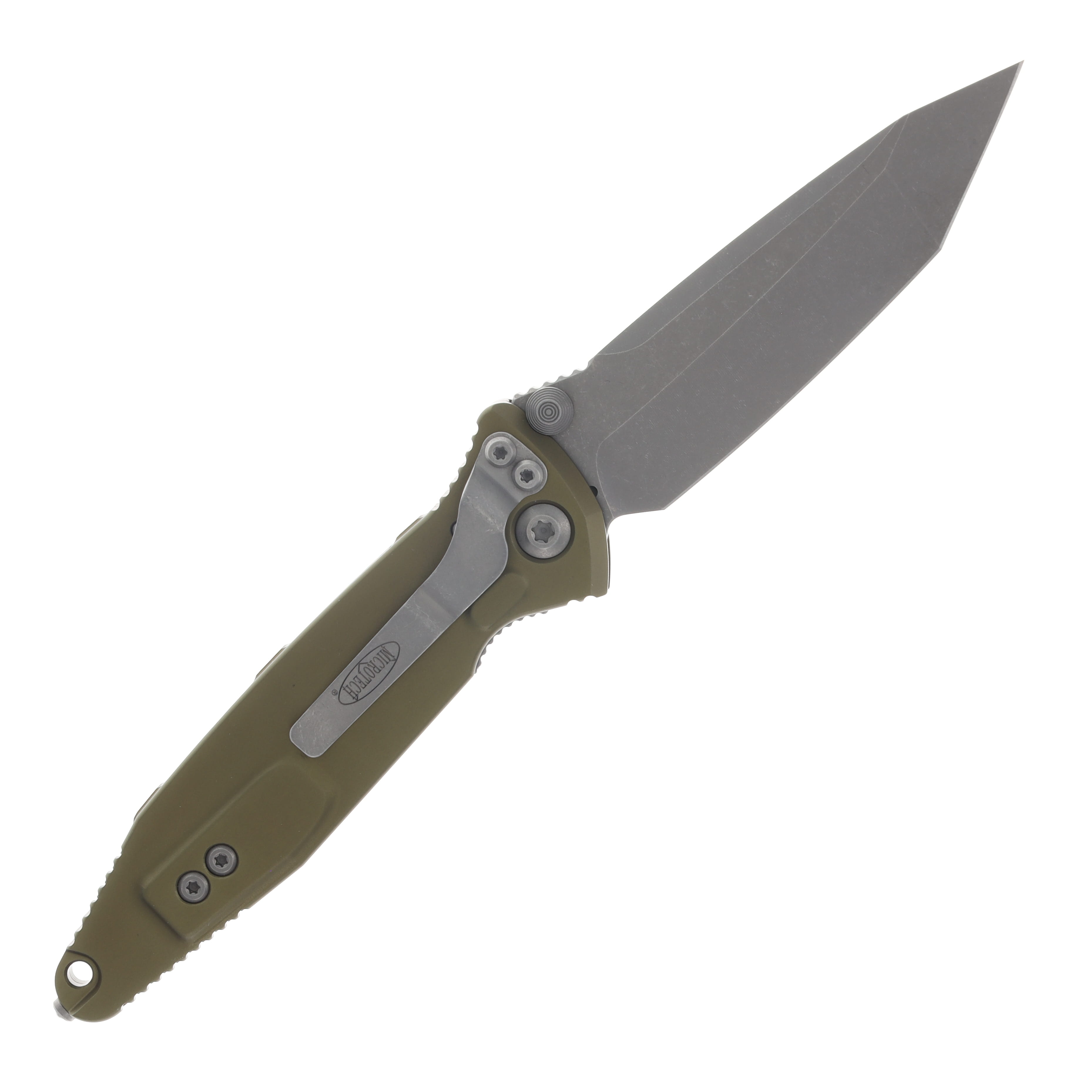 Microtech SOCOM Elite Linerlock Folding Knife Knife Apocalyptic Tanto/OD Green Aluminum AUMT16110APO View 2