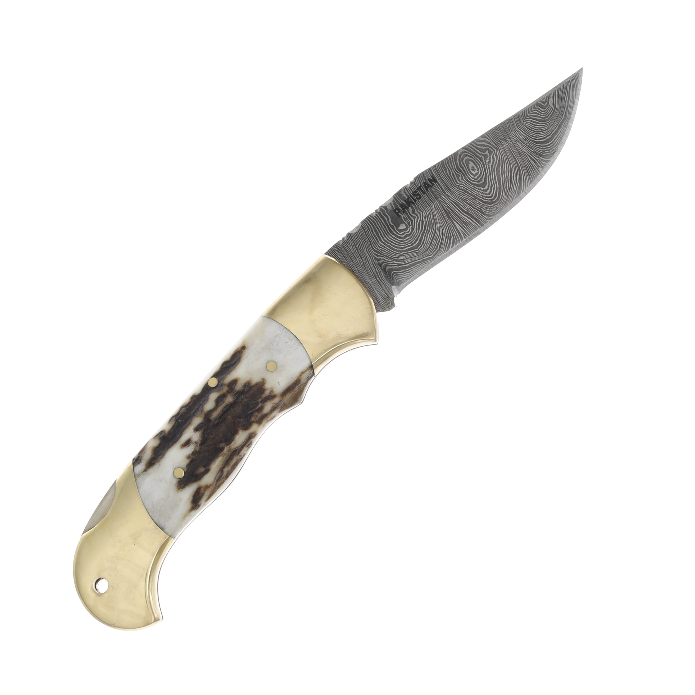 Szco Damascus Folding Knife Stag 3.25 Inch Plain Clip Point DM1162SG View 2
