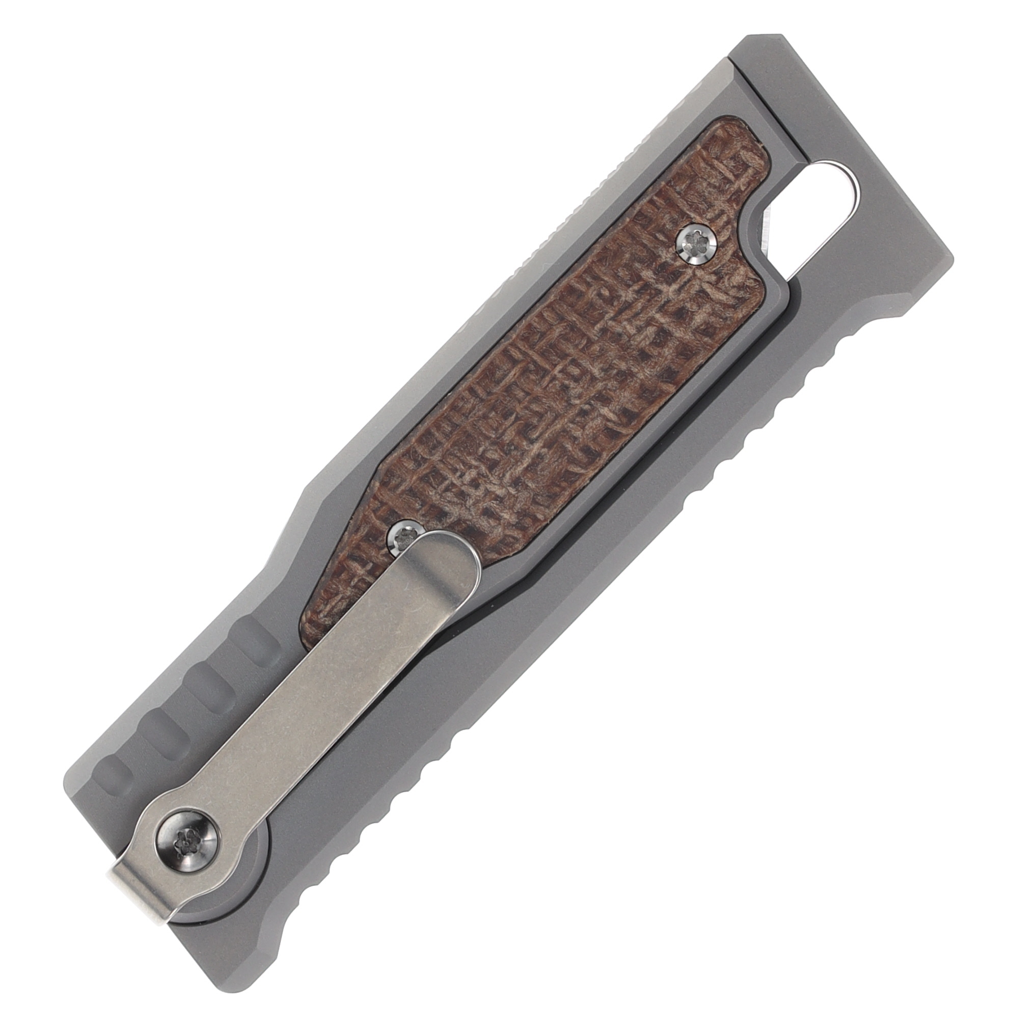 REEXOMMTPBM Reate Exo Mini Gravity Knife Stonewash Tanto Bead Blast Titanium Burlap Micarta REEXOMMTPBM View 8