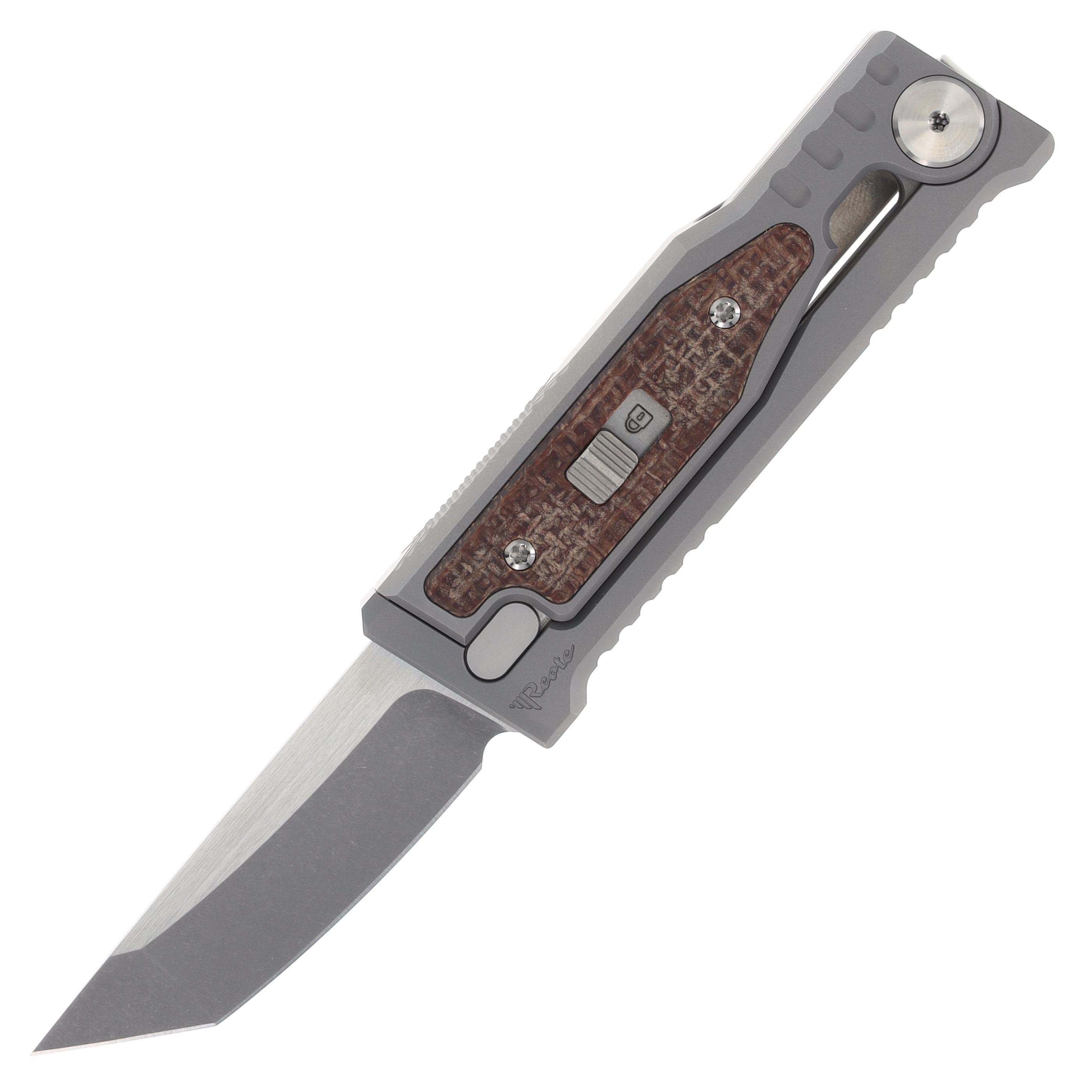REEXOMMTPBM Reate Exo Mini Gravity Knife Stonewash Tanto Bead Blast Titanium Burlap Micarta REEXOMMTPBM View 1