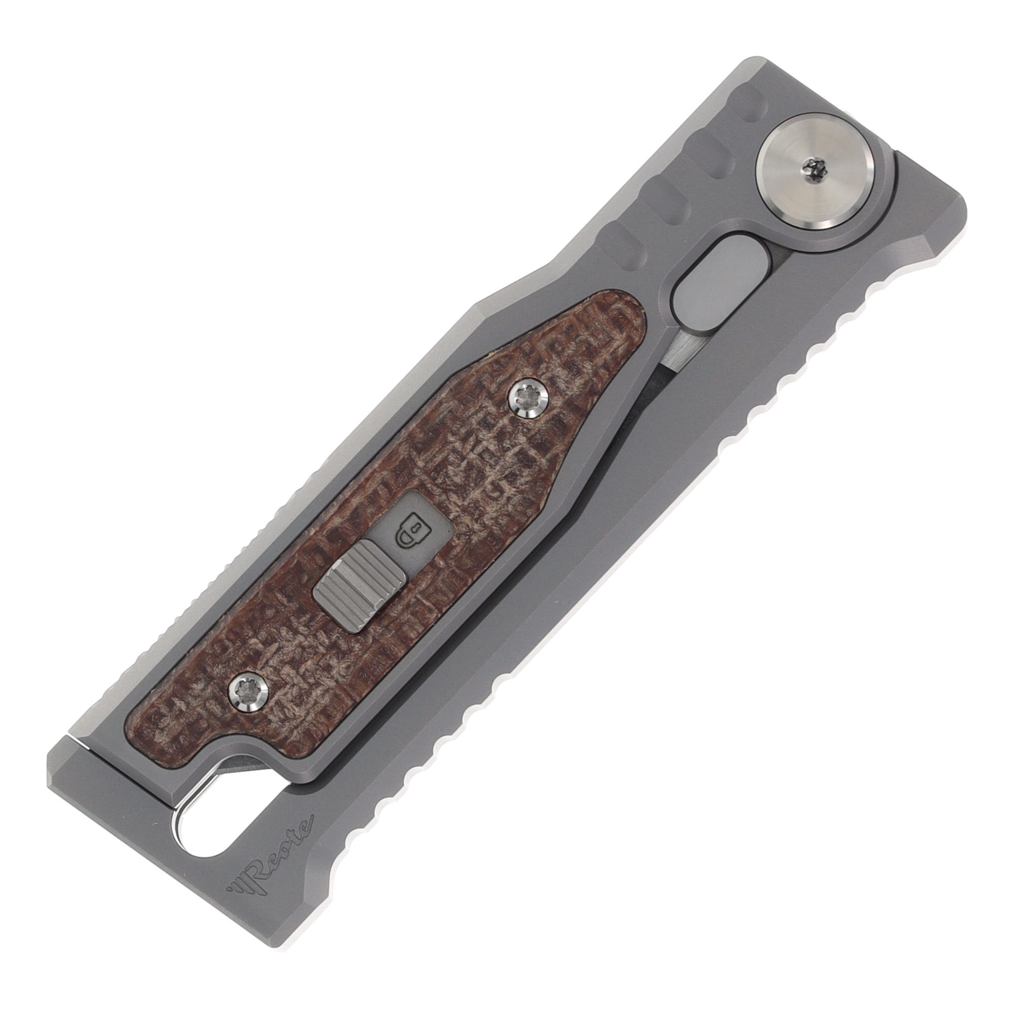 REEXOMMTPBM Reate Exo Mini Gravity Knife Stonewash Tanto Bead Blast Titanium Burlap Micarta REEXOMMTPBM View 7