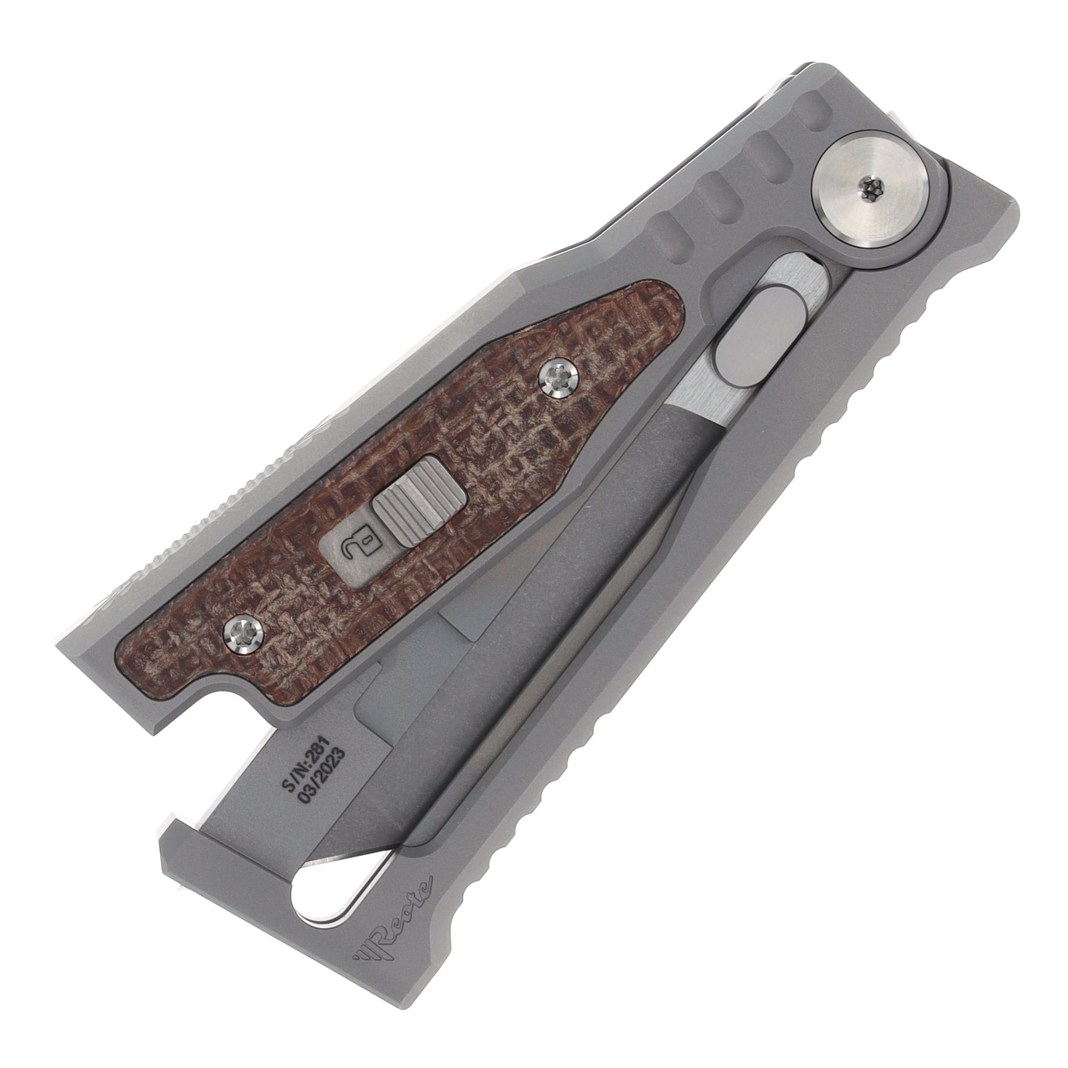 REEXOMMTPBM Reate Exo Mini Gravity Knife Stonewash Tanto Bead Blast Titanium Burlap Micarta REEXOMMTPBM View 5