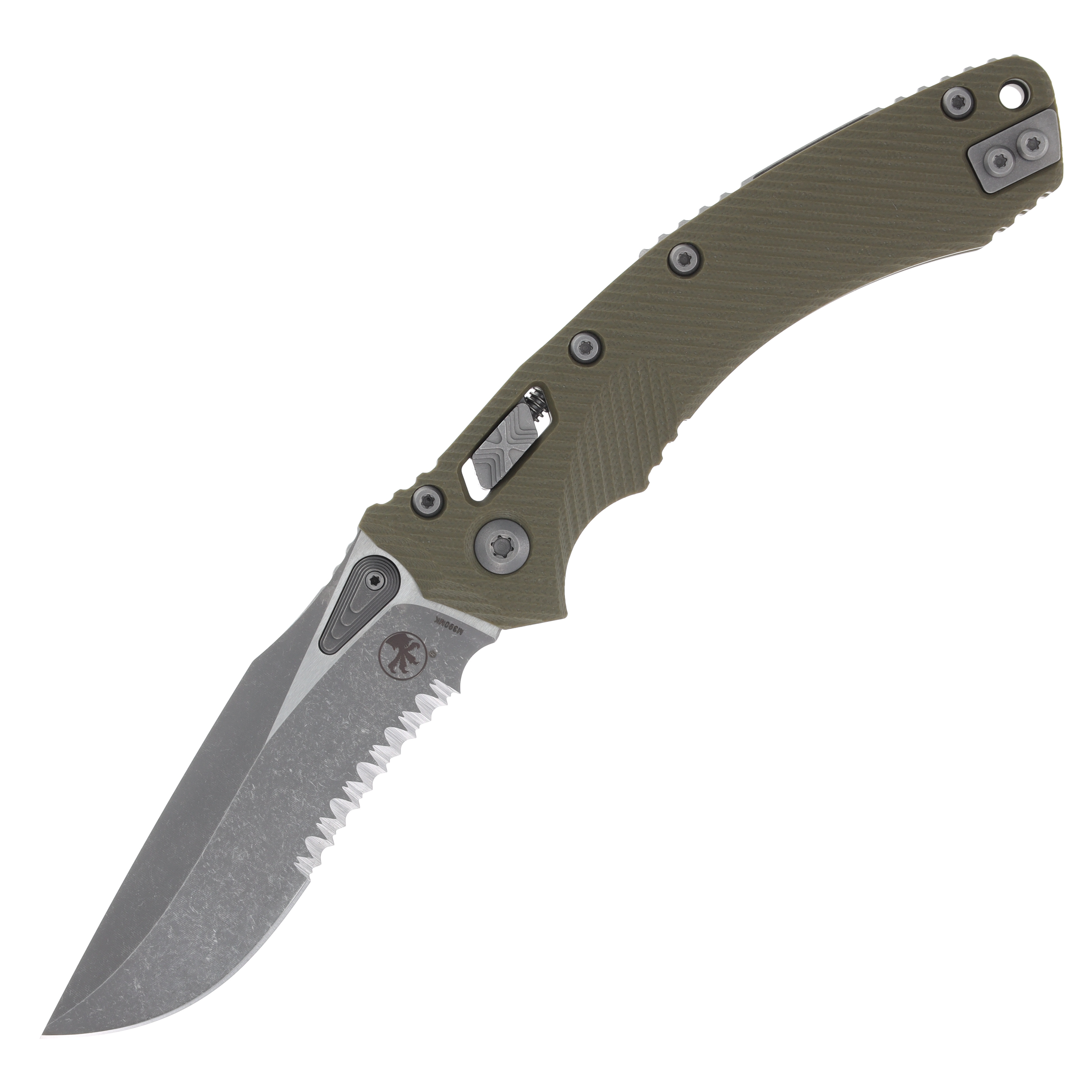 Microtech Amphibian RAM-LOK Folding Knife Half Serrated Apocalyptic Standard/Fluted OD Green G-10 MT137RL11APFLGTOD View 1