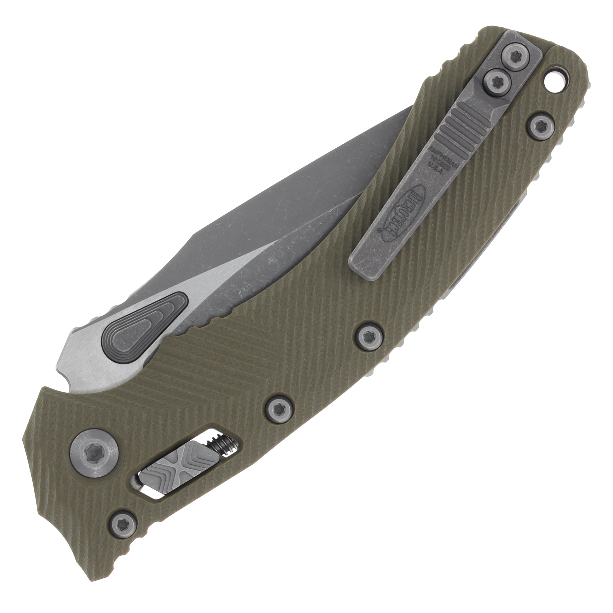Microtech Amphibian RAM-LOK Folding Knife Half Serrated Apocalyptic Standard/Fluted OD Green G-10 MT137RL11APFLGTOD View 2