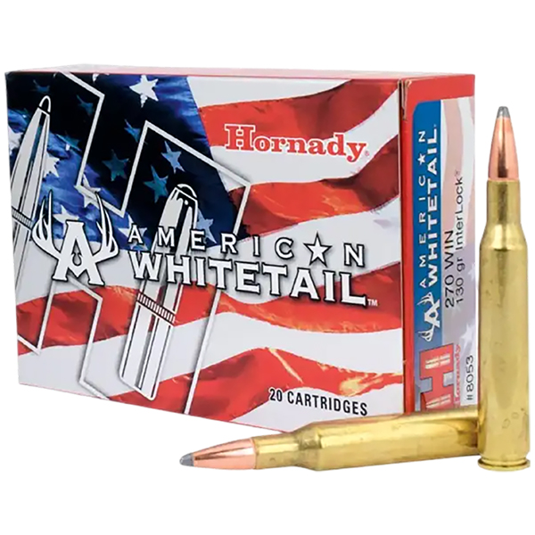 Hornady American Whitetail 270 Winchester Rifle Ammunition 20 Rounds Brass Centerfire 130 Grain Interlock JSP 8053 View 1