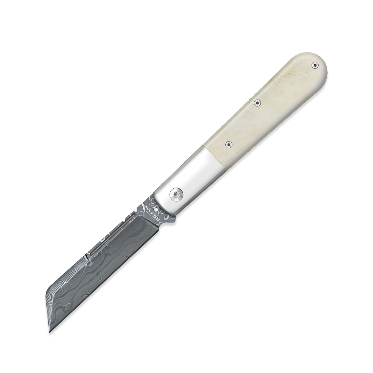 Bear & Son 4in White Smooth Bone Damascus Sheepsfoot Barlow BRMWSB180D View 1