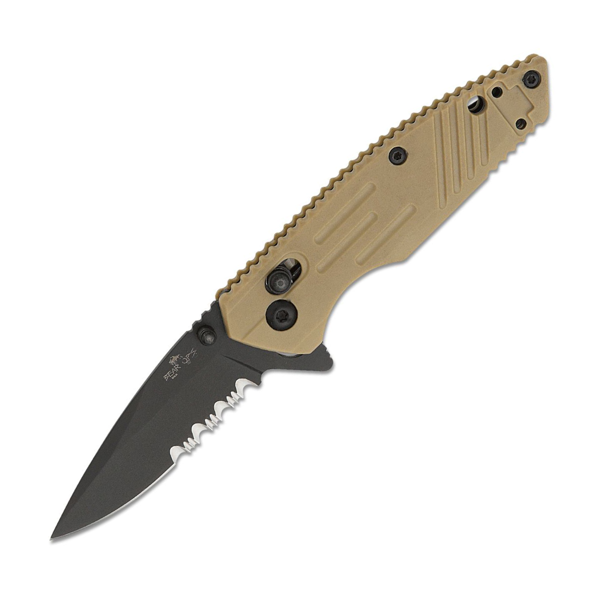 Bear & Son Bear OPS Rancor IX Slide Lock Folding Knife Partially Serrated Black Drop Point/Desert Sand BRMC-900-DS7-BSR View 1
