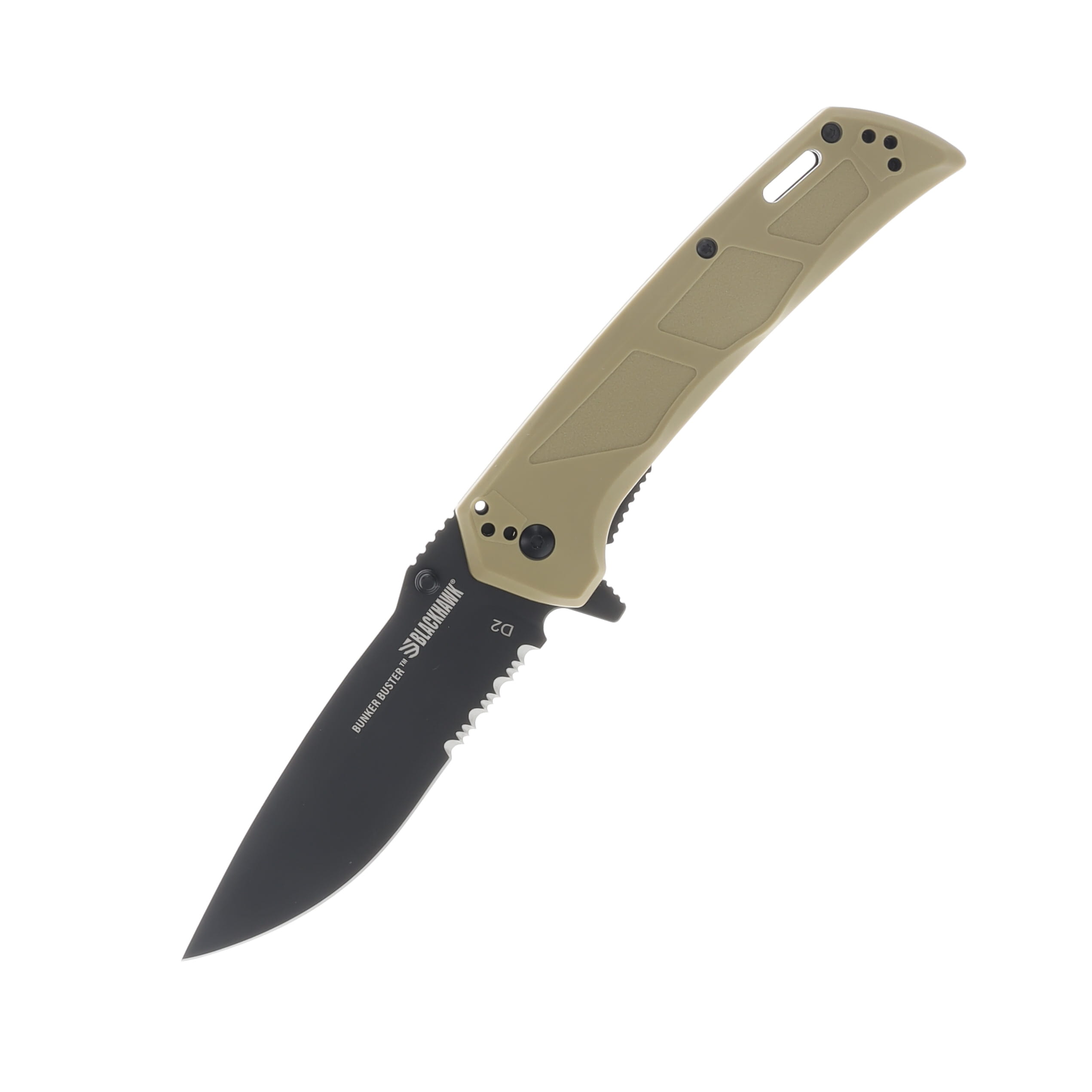 Blackhawk Bunker Buster Tan 4.25in Partially Serrated DLC Drop Point BHBB411TN View 1