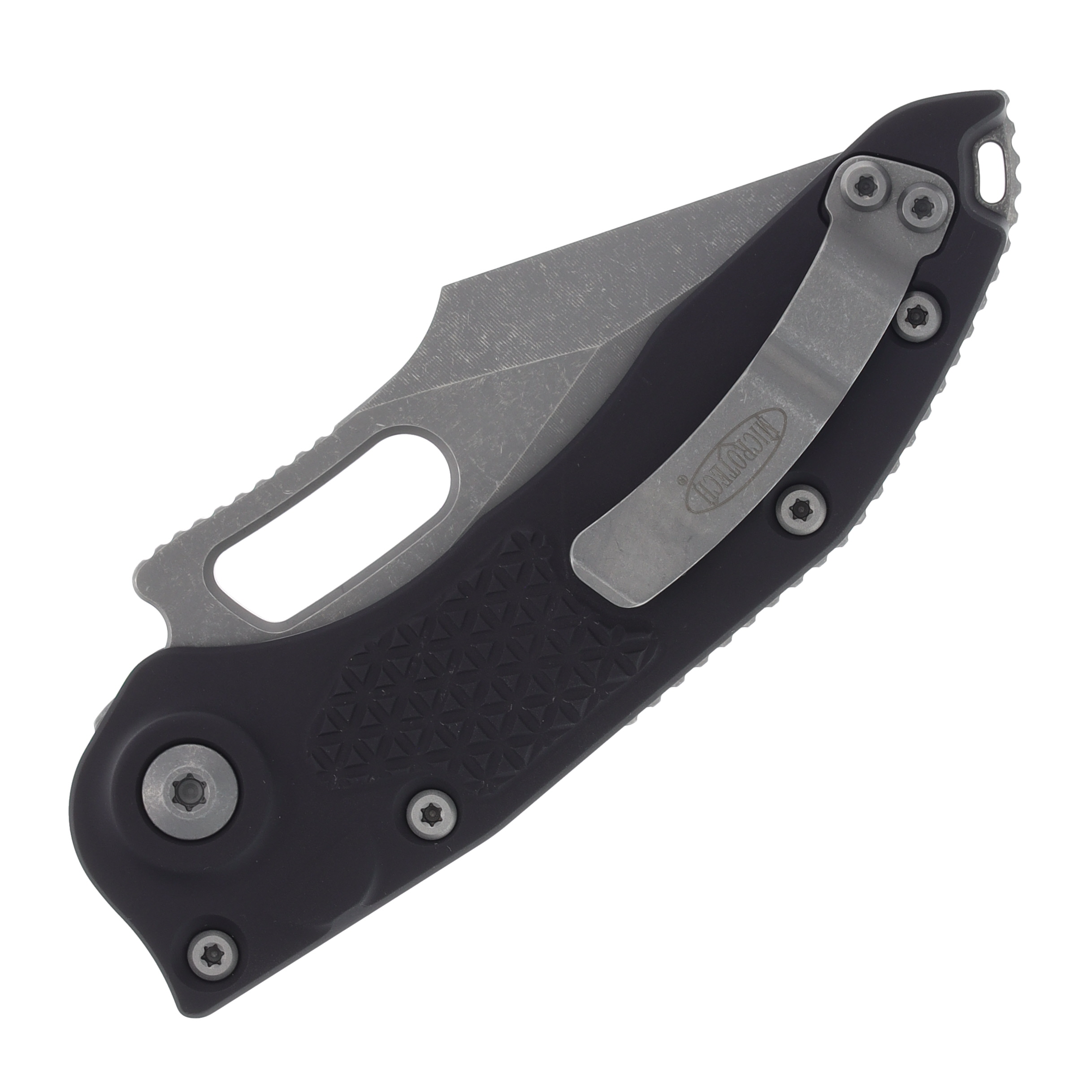 Microtech Stitch-A Automatic Knife 3.75" Half Serrated Apocalyptic Spear Point Black AUMT16911AP View 4