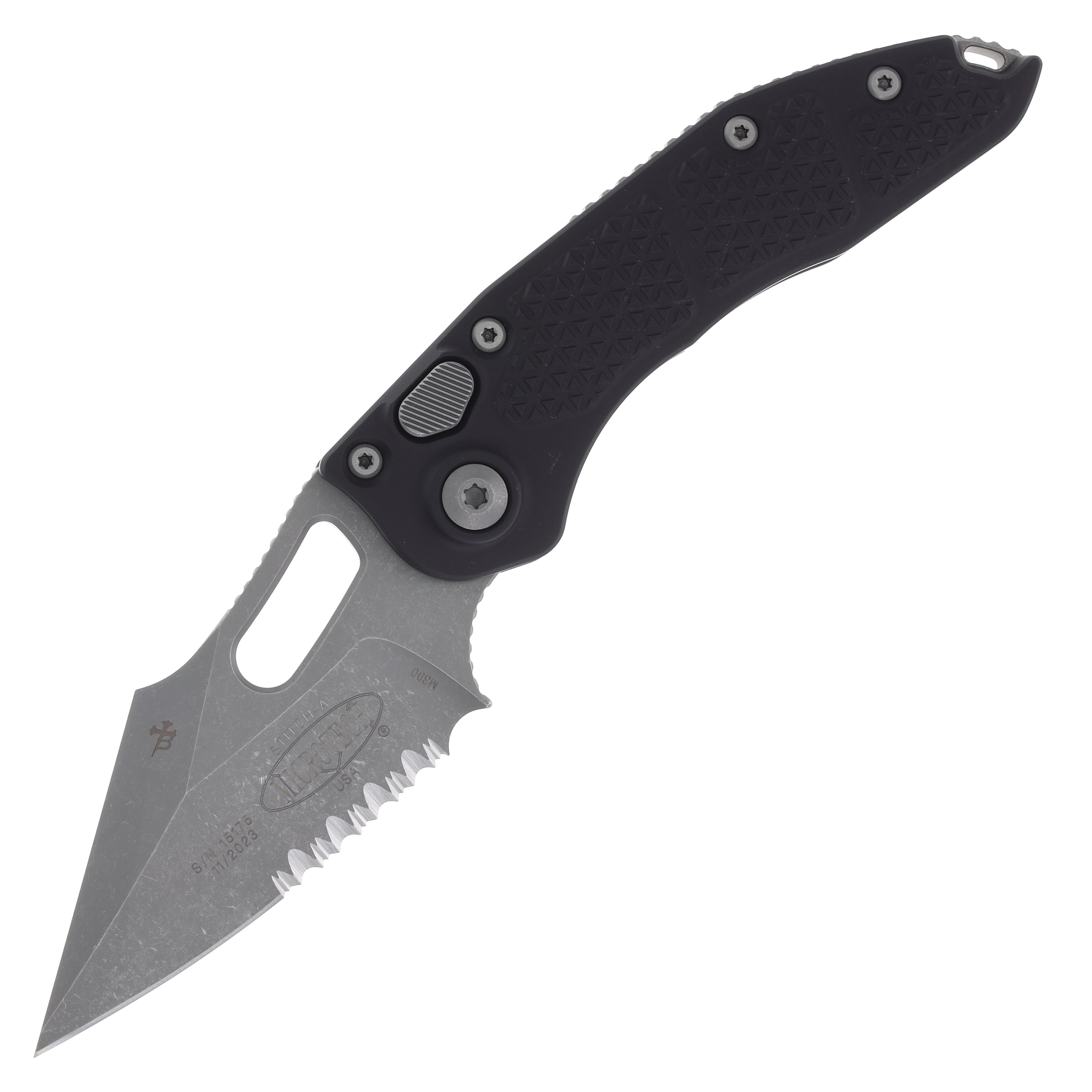 Microtech Stitch-A Automatic Knife 3.75" Half Serrated Apocalyptic Spear Point Black AUMT16911AP View 1