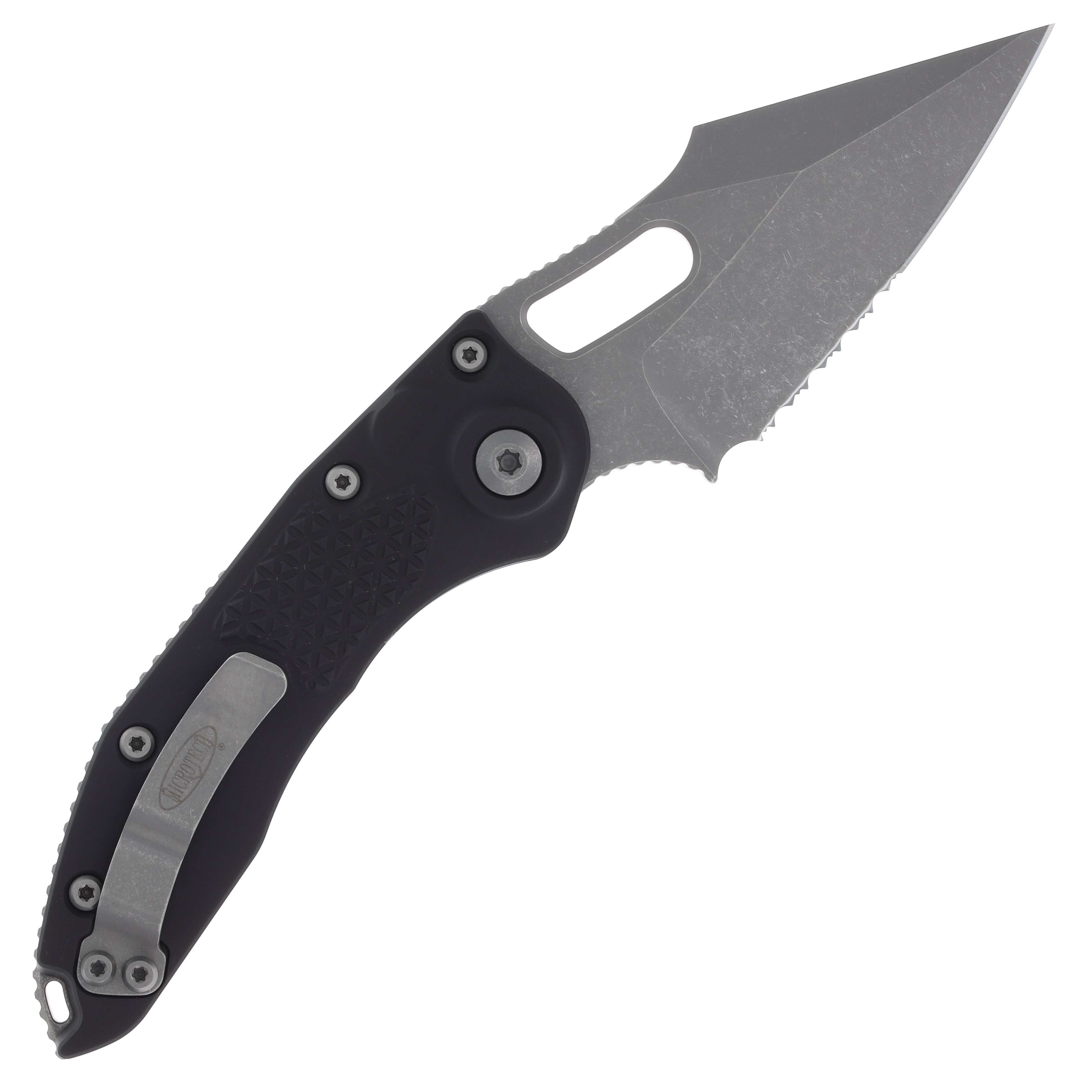 Microtech Stitch-A Automatic Knife 3.75" Half Serrated Apocalyptic Spear Point Black AUMT16911AP View 2