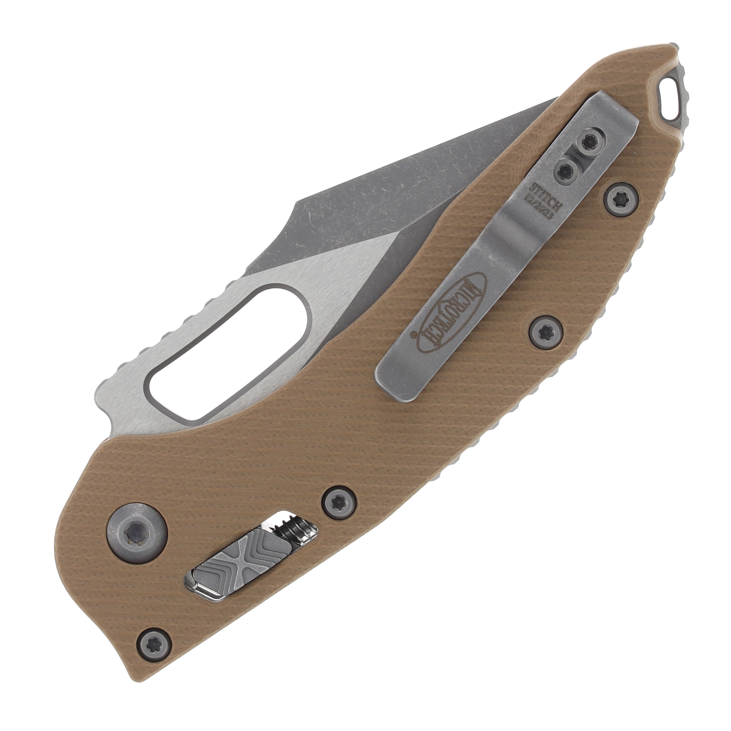 Microtech Stitch RAM-LOK Folding Knife Partially Serrated Apocalyptic M390MK/Fluted Tan G-10 MT169RL11APFLGTTA View 4