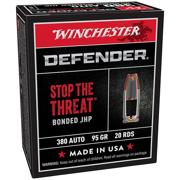 Winchester Elite Defender Handgun 380 Auto Handgun Ammunition 20 Rounds Brass Centerfire 95 Grain Bonded JHP S380PDB View 1