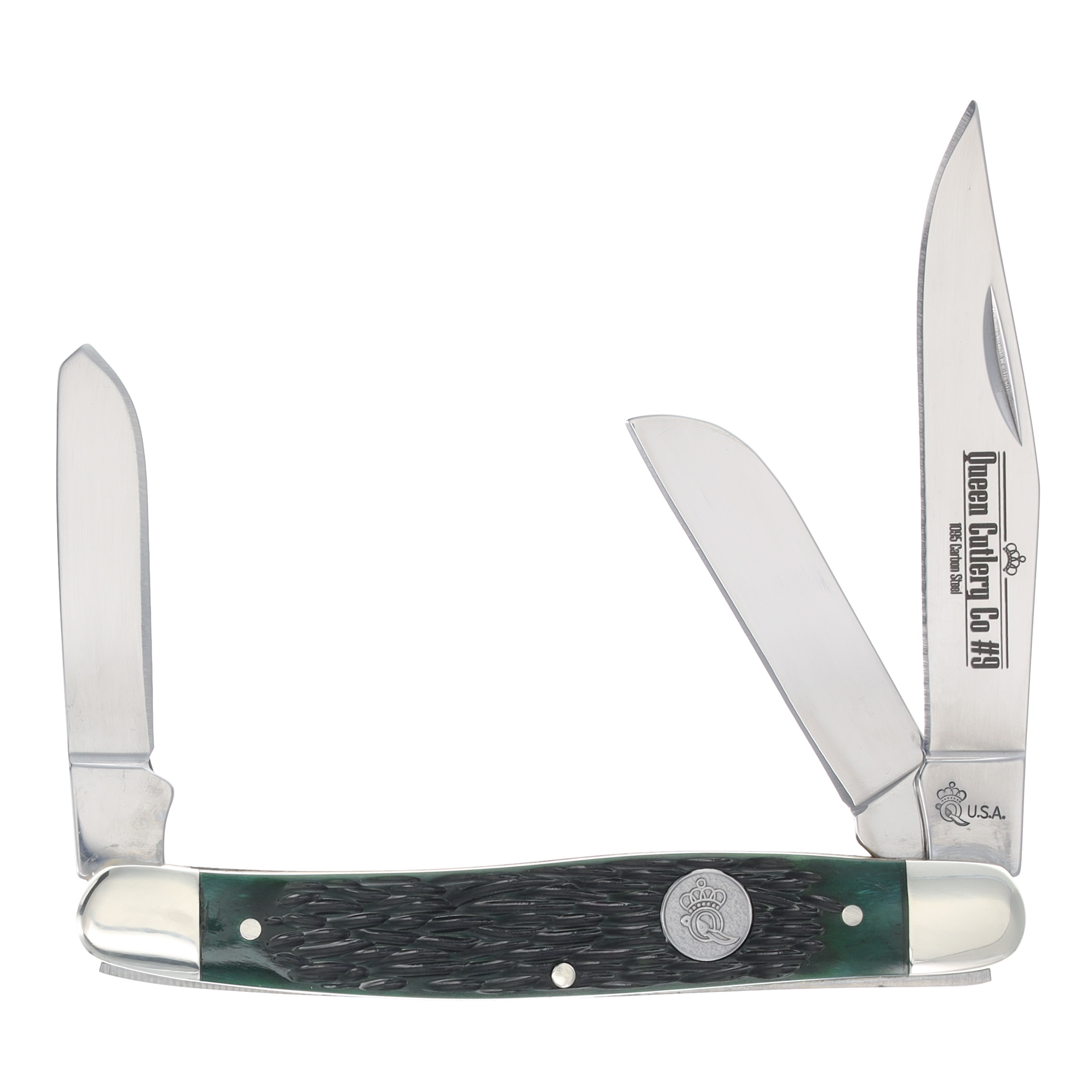 Queen Cutlery Green Jigged Bone Stockman 3.75" Closed. QGPSB47 View 1