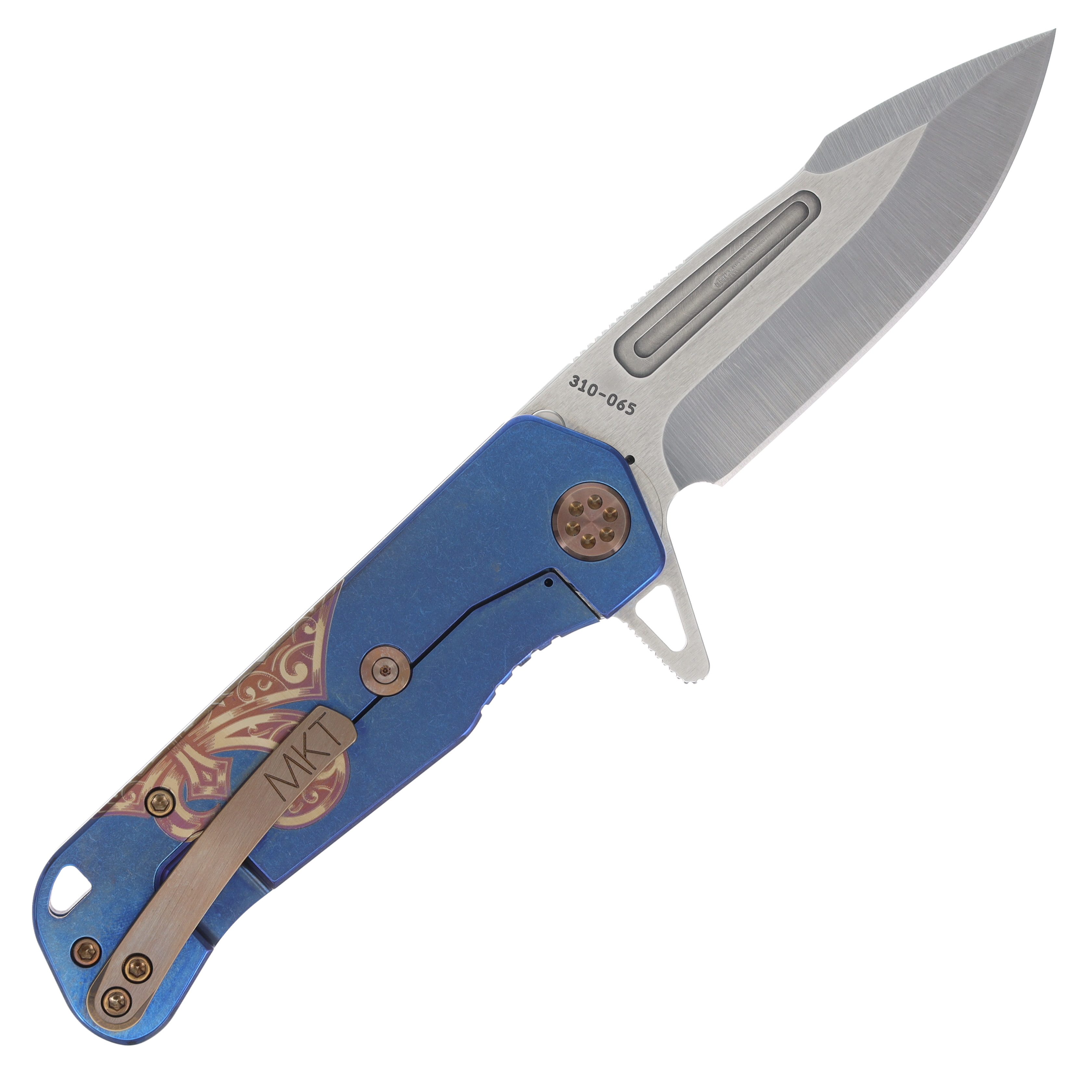 Medford Proxima 3.9in Tumbled S35VN Blue Deep Cut Fleur de Lis Titanium Bronze Hardware/Clip MK200STQ-37A2-T1C1-Q4 View 2