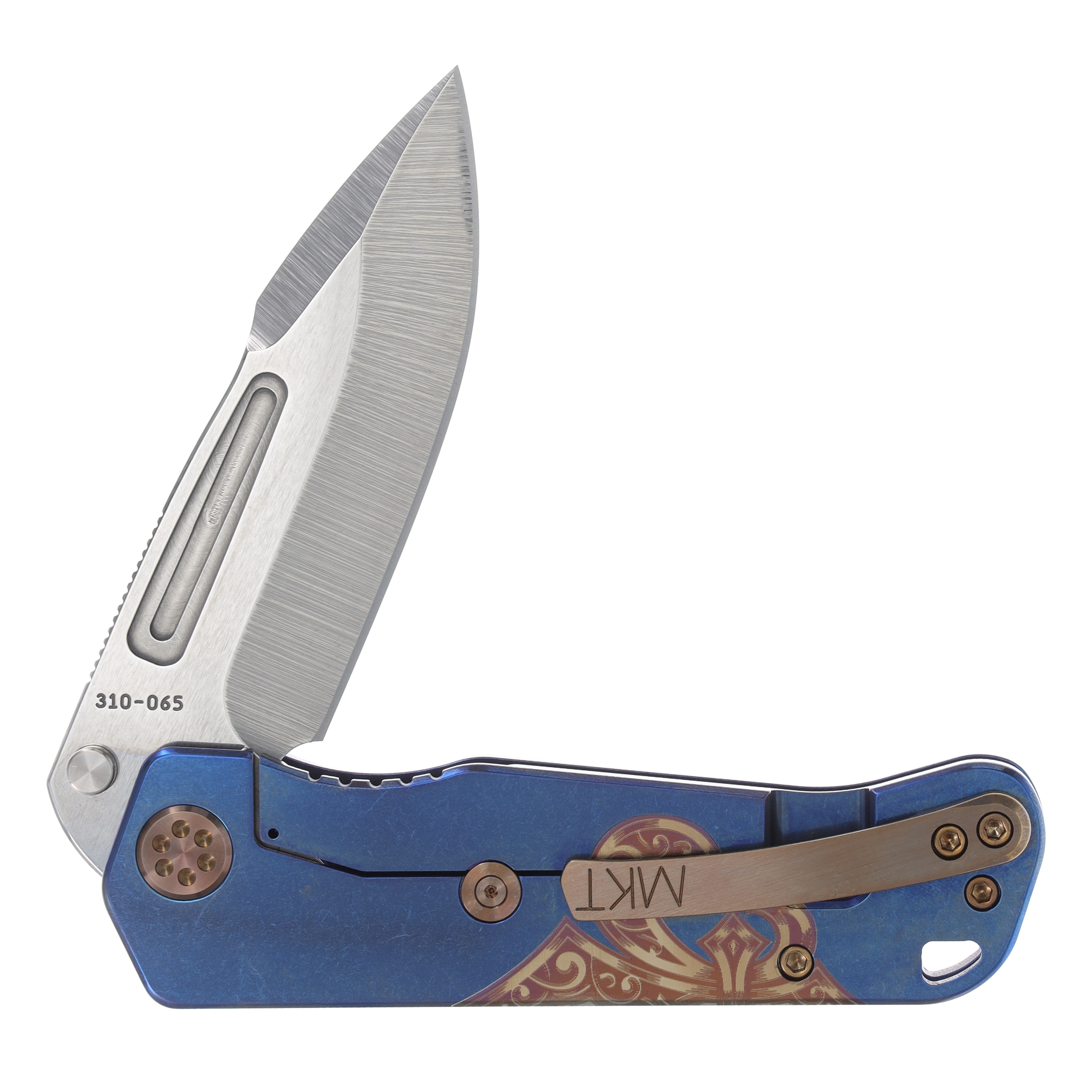Medford Proxima 3.9in Tumbled S35VN Blue Deep Cut Fleur de Lis Titanium Bronze Hardware/Clip MK200STQ-37A2-T1C1-Q4 View 3