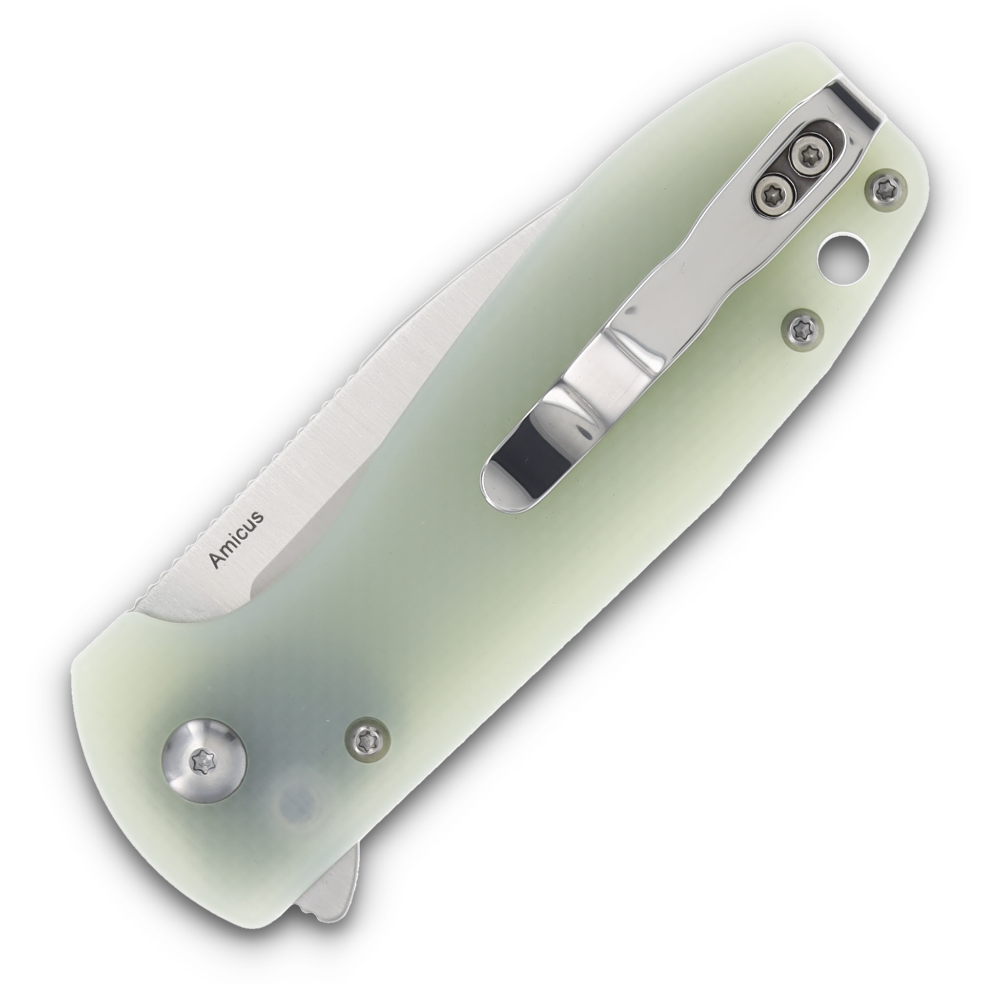 Kizer Amicus Button Lock Jade 2.95 Inch Plain Satin Drop Point L3002A2 View 4